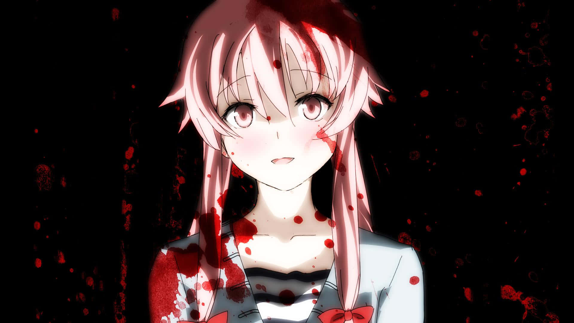 Thriller Anime 桌布 壁紙 — 一位粉紅色頭髮的動漫女孩，身上有血跡，在黑色背景下冷靜地凝視。