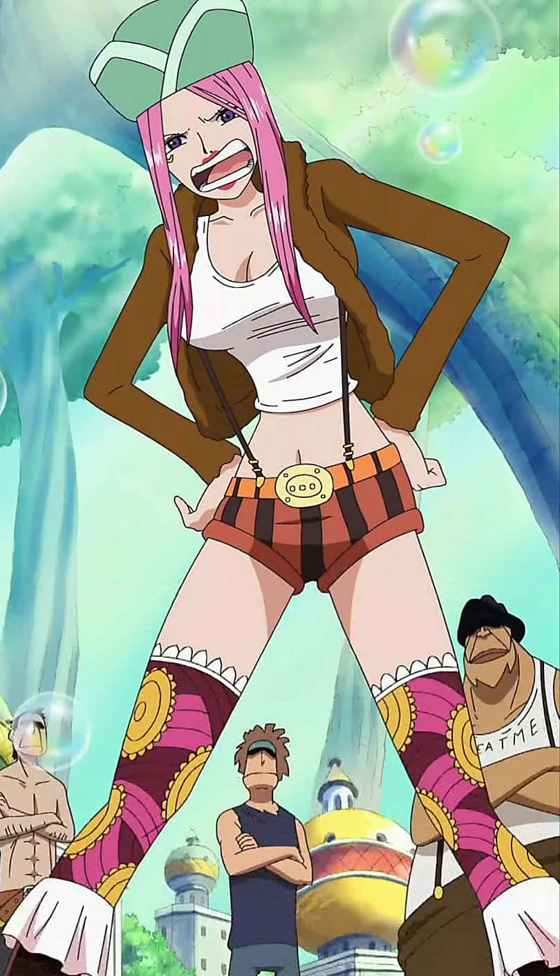 Jewelry Bonney 桌布 壁紙 — 一位粉紅色頭髮的動漫女孩，身穿棕色外套和條紋短褲，雙手叉腰，自信地站在充滿浮動氣泡的鮮綠色背景前。