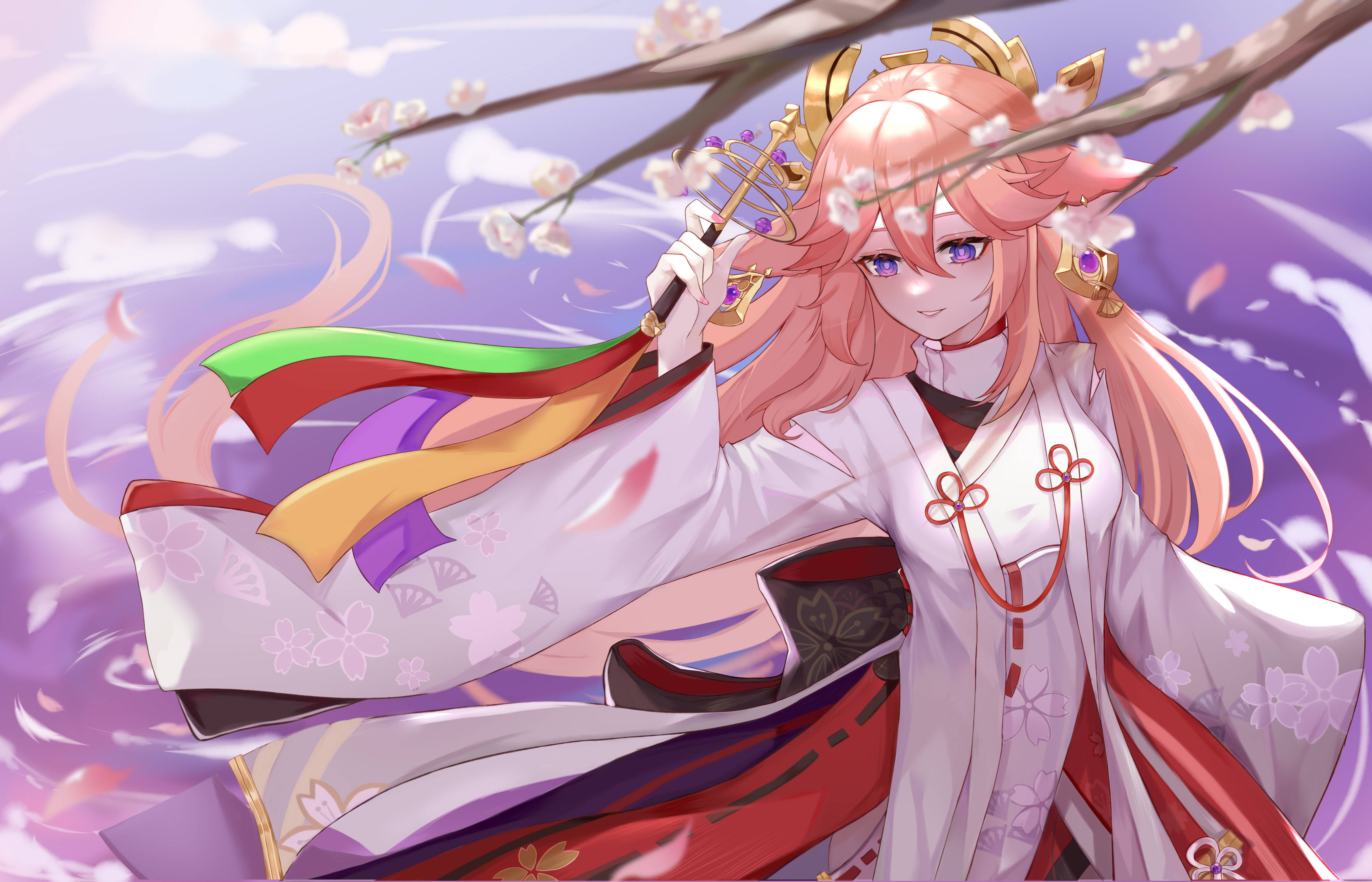 Miko 桌布 壁紙 — 一位粉紅色頭髮的動漫女孩，身穿白色和服，櫻花飄落，在旋轉的紫色天空中優雅地漂浮。