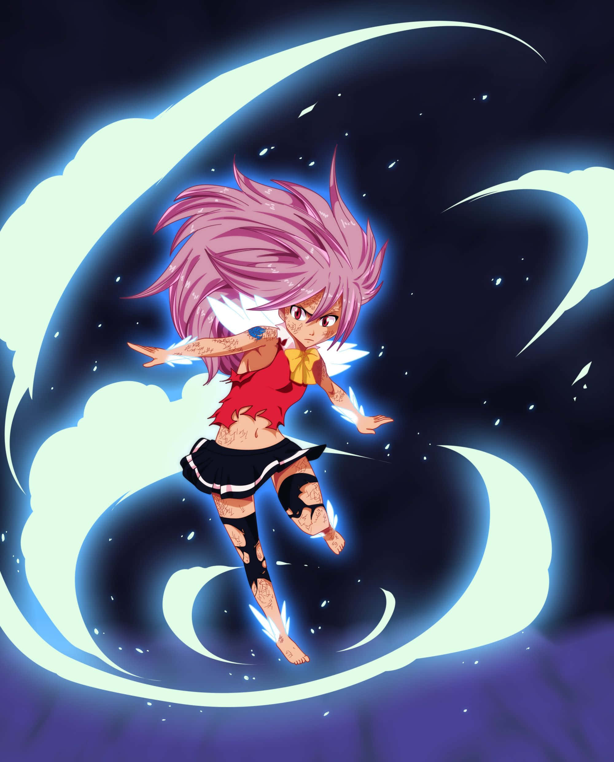 Wendy Marvell 桌布 壁紙 — 一位粉紅色頭髮的動漫女孩，身穿紅黑服裝，在繁星點點的夜空背景下，被發光的藍色能量漩渦環繞，動態跳躍。