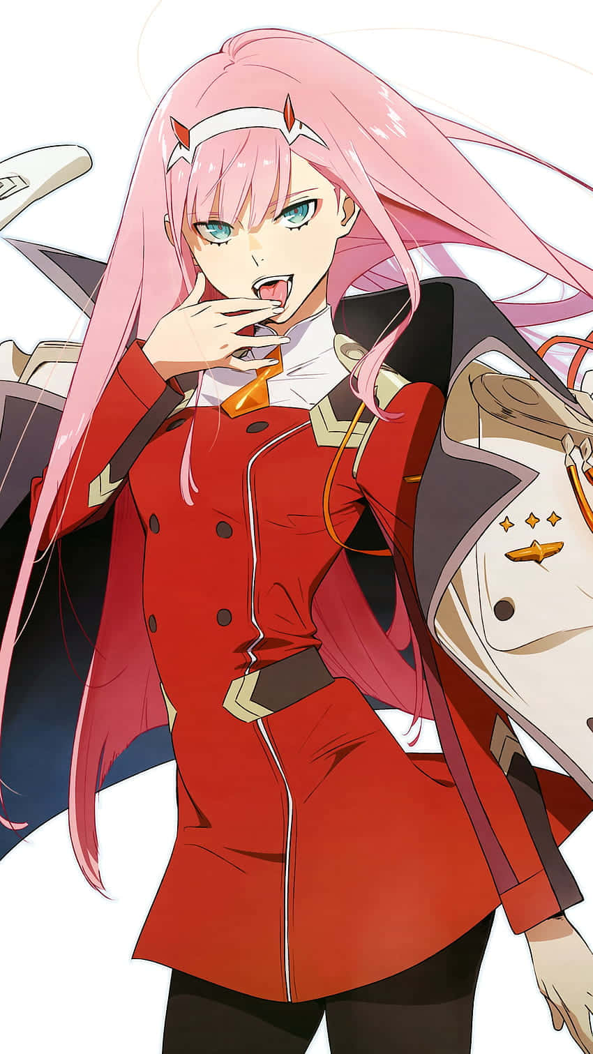 Darling In The Franxx Phone 桌布 壁紙 — 一位粉紅色頭髮的動漫女孩，身穿紅色軍裝，表情驚訝，手靠近嘴巴。