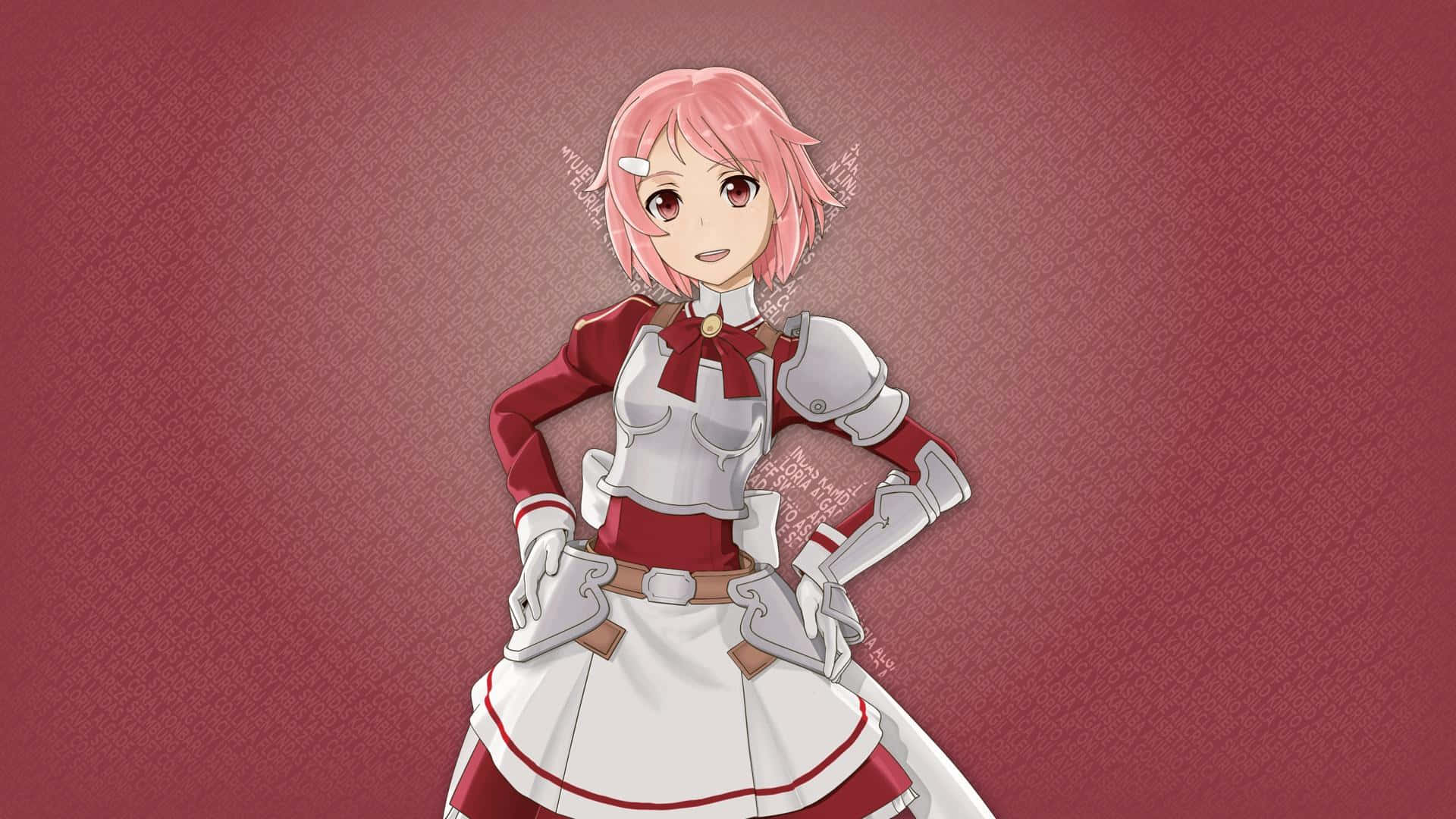 Sword Art Online Lisbeth 桌布 壁紙 — 一位粉紅色頭髮的動漫女孩，身穿紅白盔甲，自信地站在有紋理的栗色背景前。