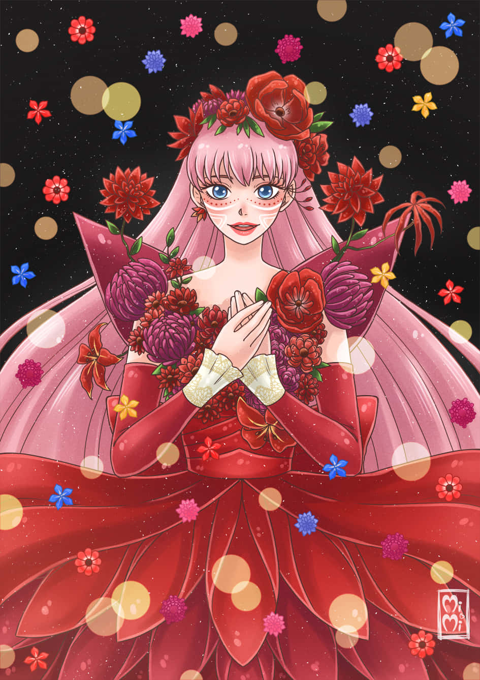美女與野獸 桌布 壁紙 — 一位粉紅色頭髮的動漫女孩，身穿紅色花卉長裙，站在繁星點點的夜空下，周圍漂浮著色彩繽紛的花朵和散景燈光。