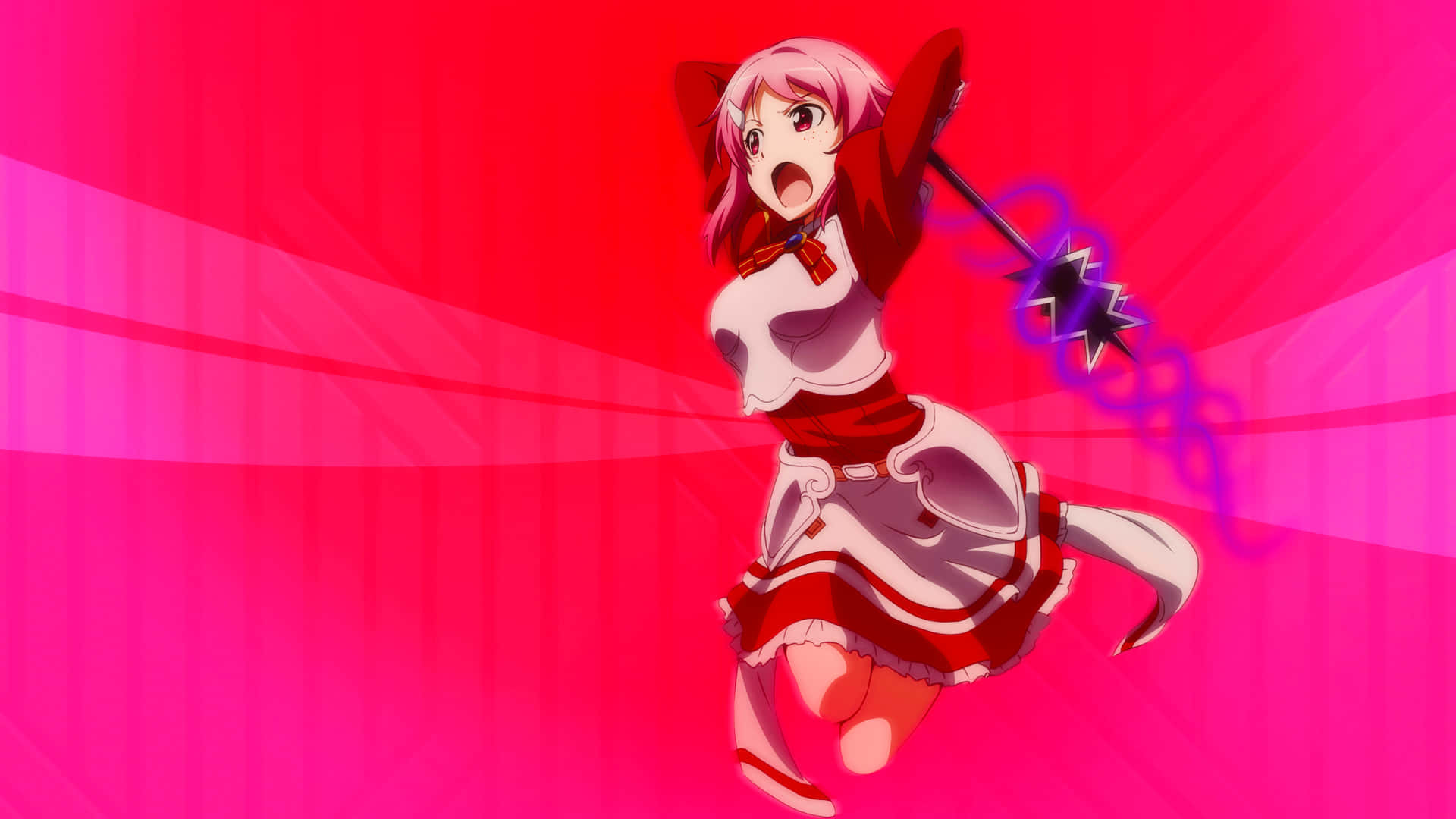 Sword Art Online Lisbeth 桌布 壁紙 — 一位粉紅色頭髮的動漫女孩，身穿紅白相間的服裝，在明亮的粉紅色背景下動態跳躍，揮舞著發光的紫色法杖。