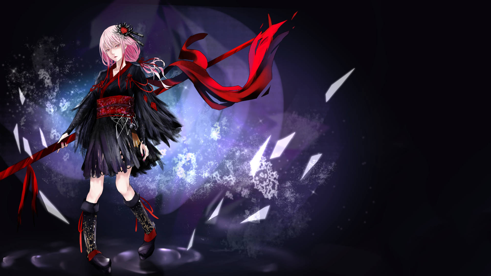 guilty 桌布 壁紙 — 一位粉紅色頭髮的動漫女孩，身穿黑色和紅色的服裝，在黑暗的宇宙背景下揮舞著流動的紅色絲帶，周圍有發光的碎片。