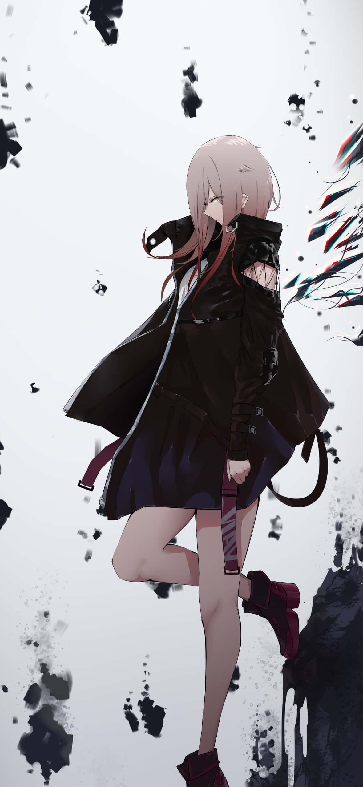 1179x2556 桌布 壁紙 — 一位粉紅色頭髮的動漫女孩，身穿黑色外套和紅色靴子，站在純白色背景中飄落的黑色碎片之間。