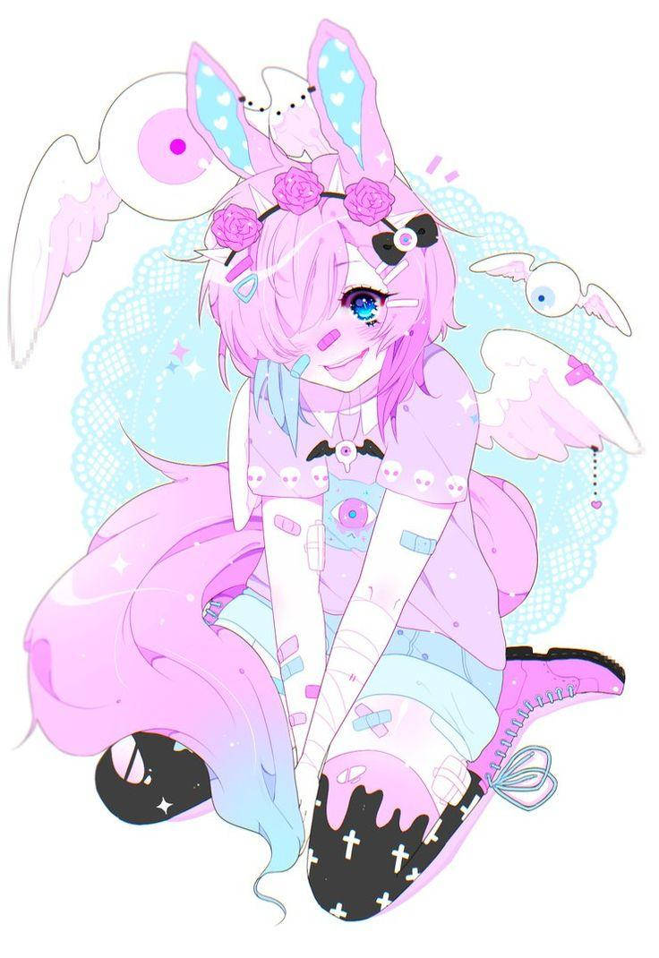Pastel Gore 桌布 壁紙 — 一位粉紅色頭髮的動漫女孩，長著兔耳朵和天使翅膀，坐在漂浮的眼球和玫瑰之中，身處粉彩夢境。