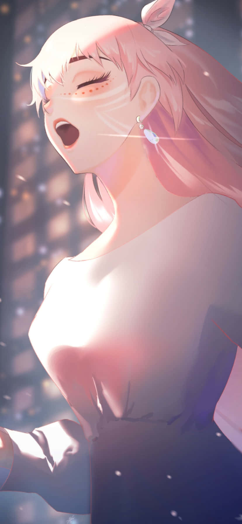Beauty And The Beast 桌布 壁紙 — 一位粉紅色頭髮的動漫女孩，閉著眼睛，帶著喜悅的表情，沐浴在溫暖的光芒中。