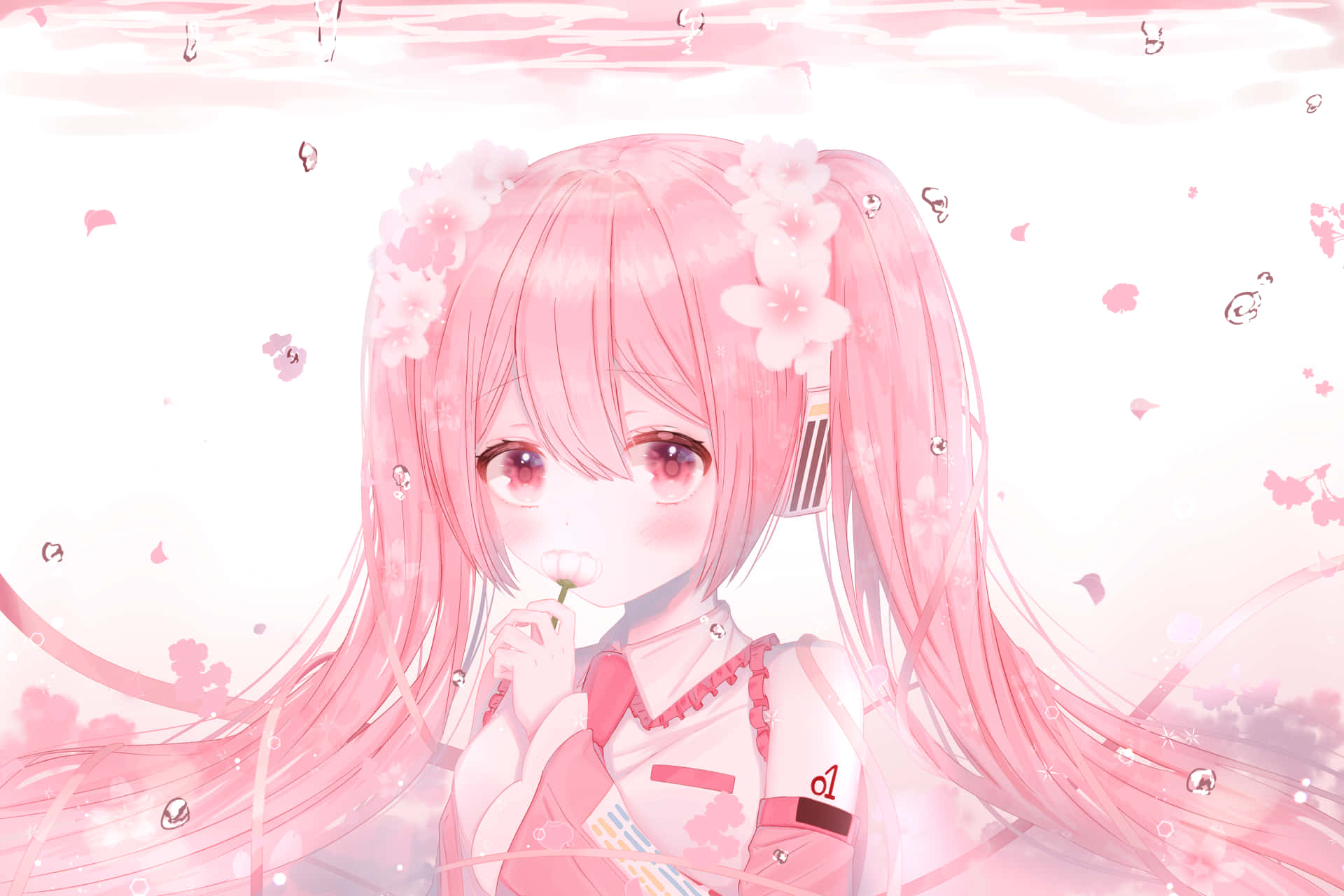 blushing anime 桌布 壁紙 — 一位粉紅色頭髮的動漫女孩，雙馬尾上繫著櫻花，在柔和的粉彩粉紅色夢幻場景中輕輕吹著蒲公英。