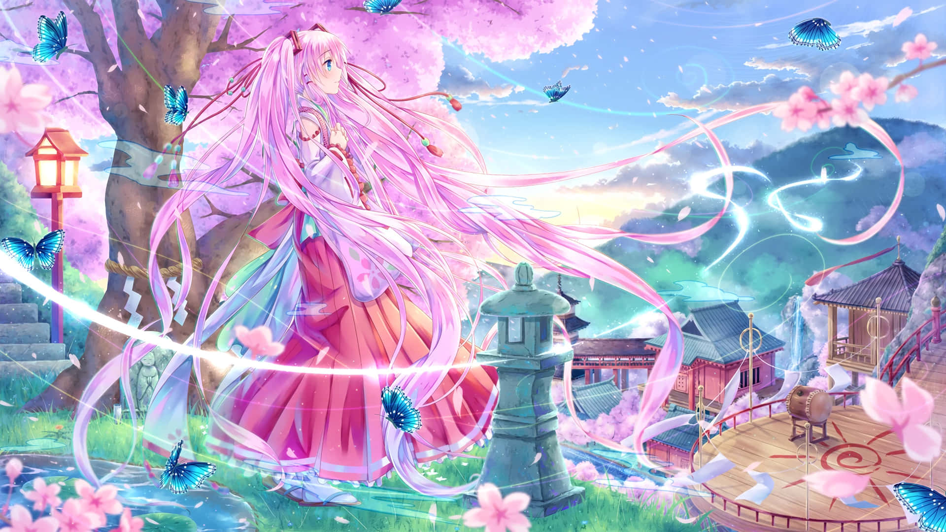 Sakura Miku 桌布 壁紙 — 一位粉紅色頭髮的動漫女孩，飄逸的絲帶，站在櫻花樹下，身處一個有發光蝴蝶和傳統建築的魔法日本花園中。