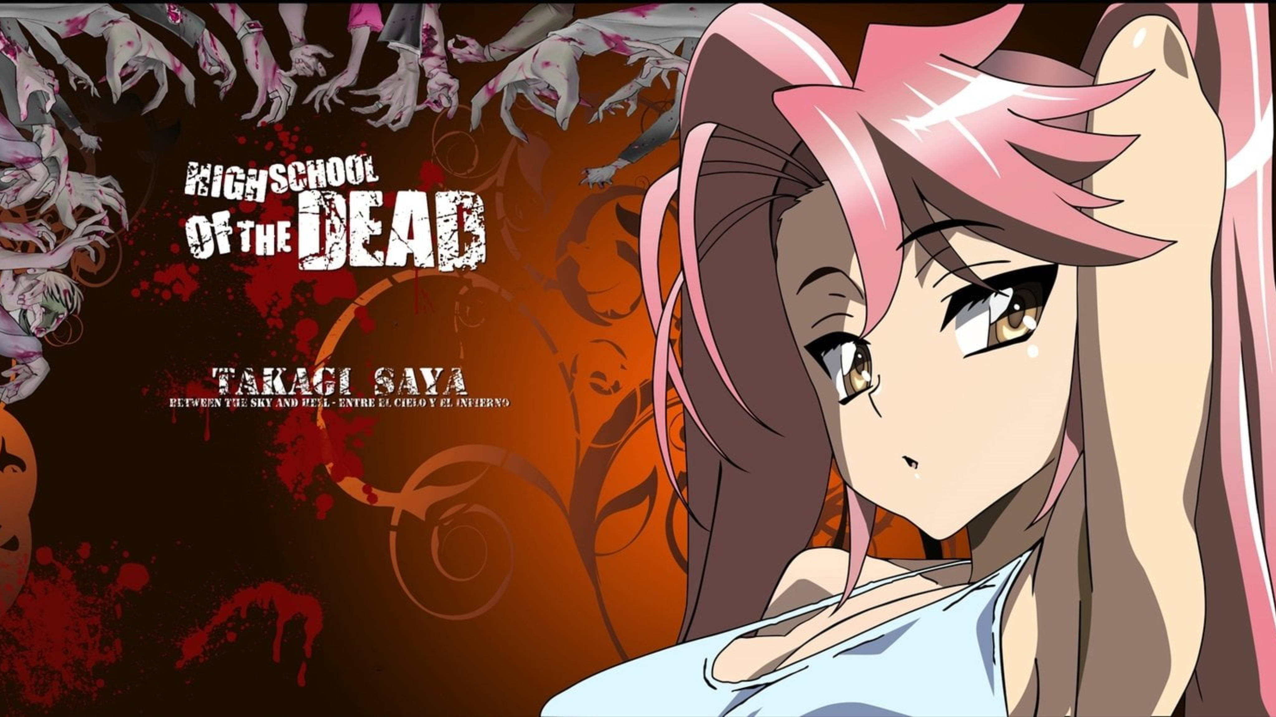 dead 桌布 壁紙 — 一位粉紅色頭髮的動漫女孩冷靜地凝視著，殭屍的手從血跡斑斑的黑暗背景中伸出。