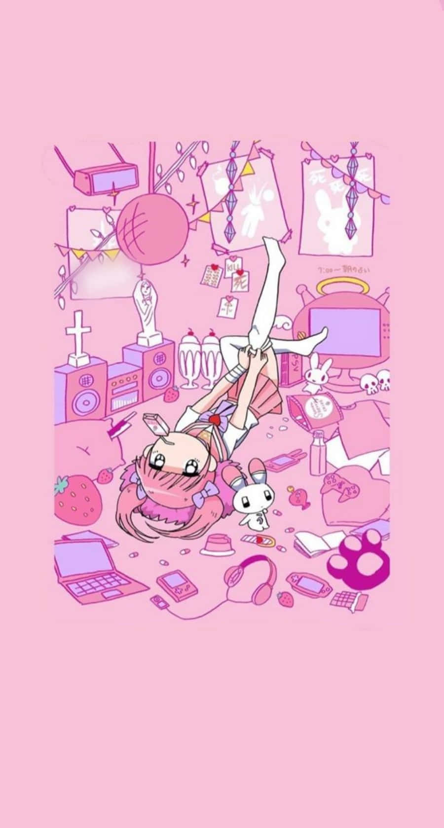 動漫角色 桌布 壁紙 — 一位粉紅色頭髮的動漫女孩在一個充滿小工具和毛絨玩具的凌亂房間裡，在充滿活力的粉彩世界中慵懶地享受混亂。