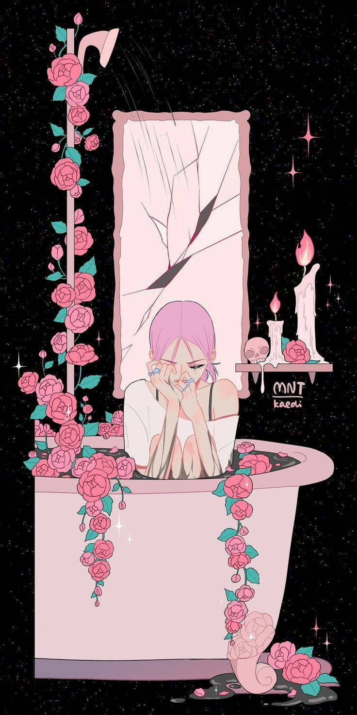 動漫女孩 桌布 壁紙 — 一位粉紅色頭髮的動漫女孩在滿天星斗的夜空下，浸泡在佈滿玫瑰的浴缸中，附近有蠟燭和頭骨。