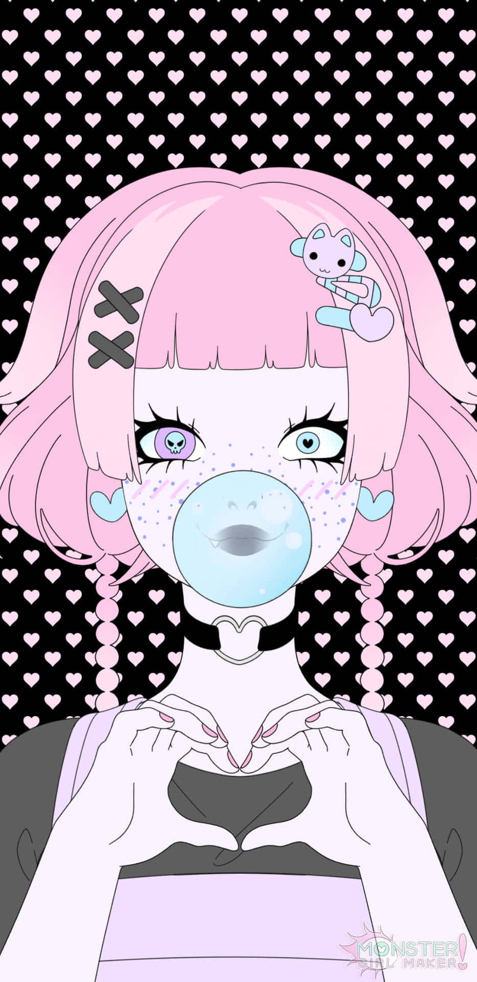 Gothic Aesthetic 桌布 壁紙 — 一位粉紅色頭髮的動漫女孩在黑色心形圖案背景前，一邊吹泡泡糖，一邊用手比出心形。