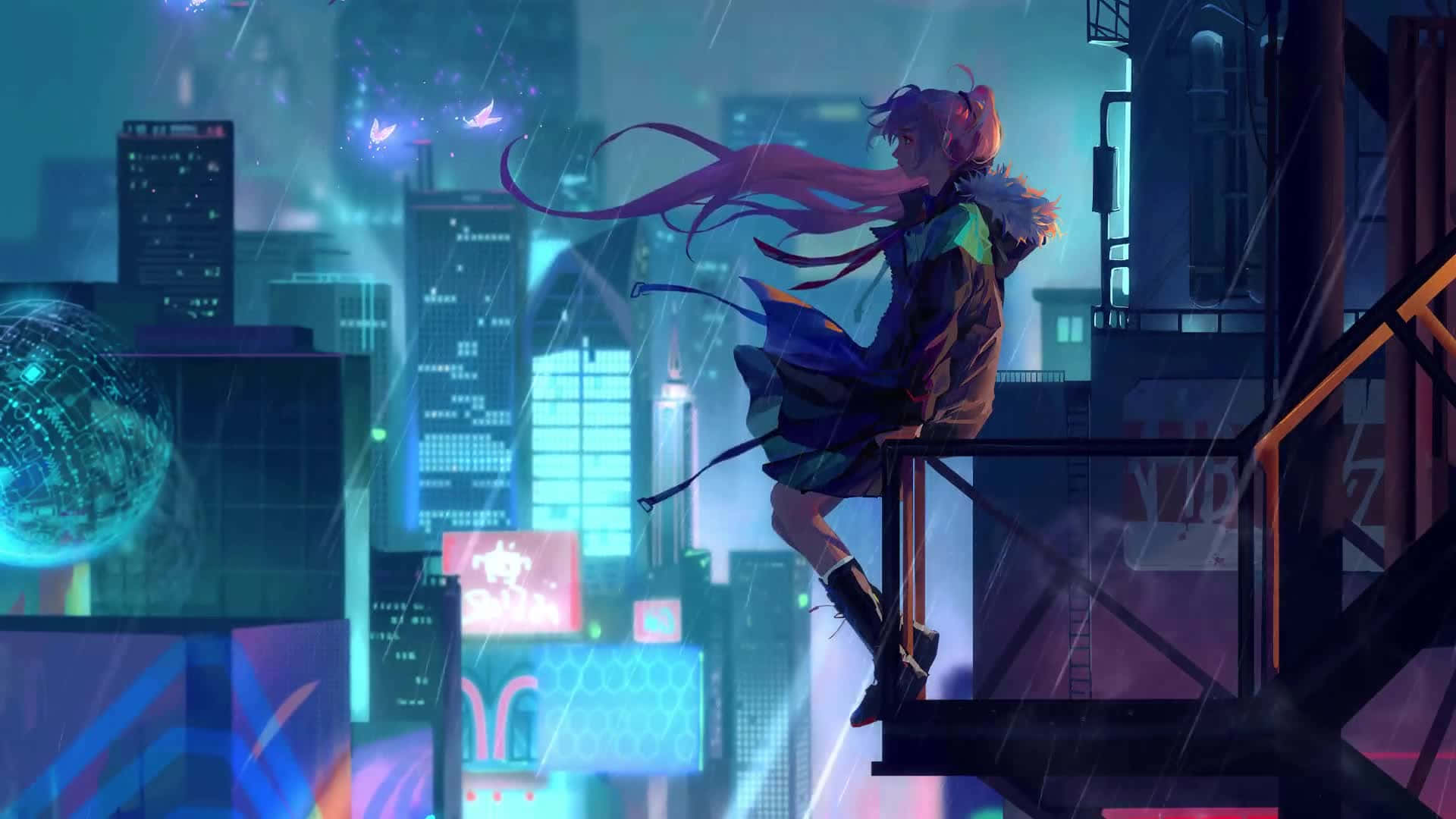 Anime Night 桌布 壁紙 — 一位粉紅色頭髮的動漫女孩坐在天台欄杆上，俯瞰著夜晚被霓虹燈浸透的雨景賽博龐克城市景觀。