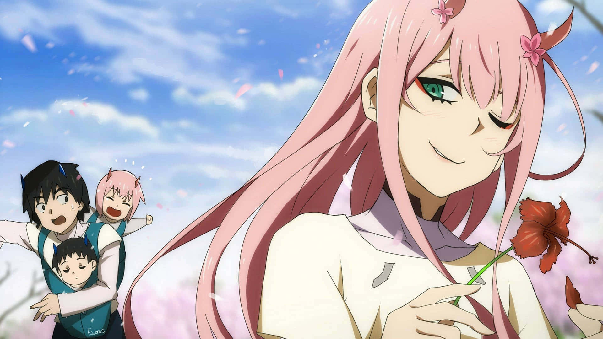 DARLING in the FRANXX 桌布 壁紙 — 一位粉紅色頭髮的動漫女孩微笑著拿著一朵紅花，三個孩子在她身後櫻花天空下快樂地奔跑。