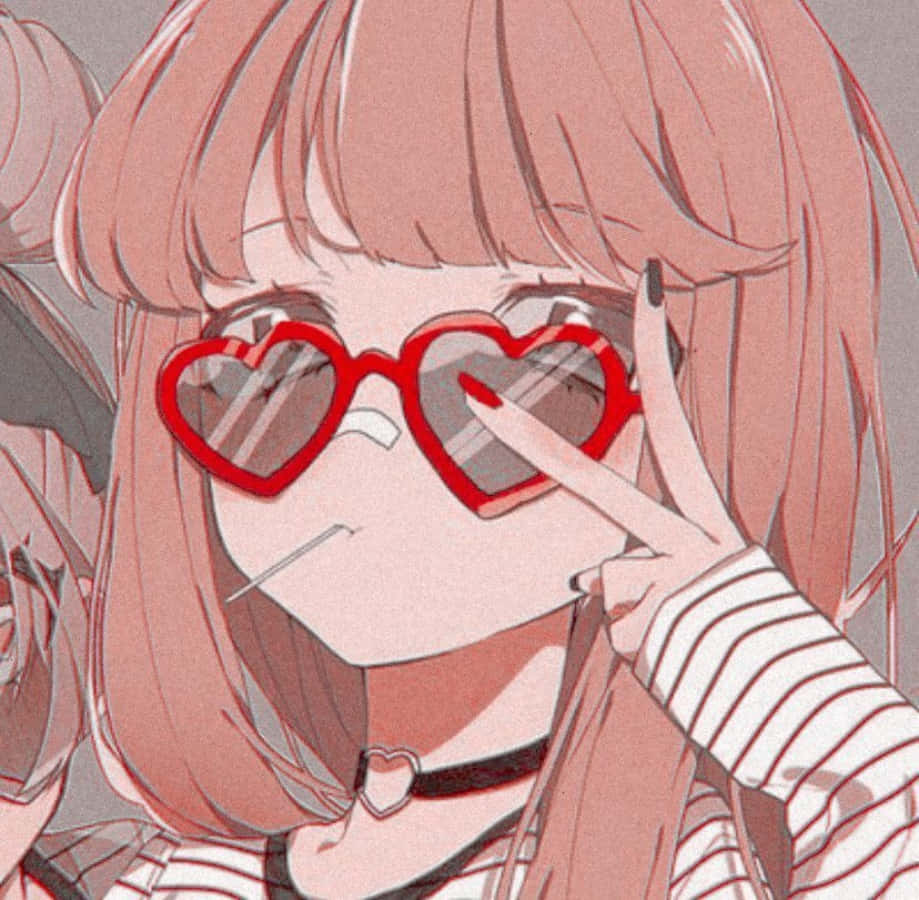 Aesthetic Anime Profile 桌布 壁紙 — 一位粉紅色頭髮的動漫女孩戴著心形紅色太陽眼鏡，用手指比出和平手勢。