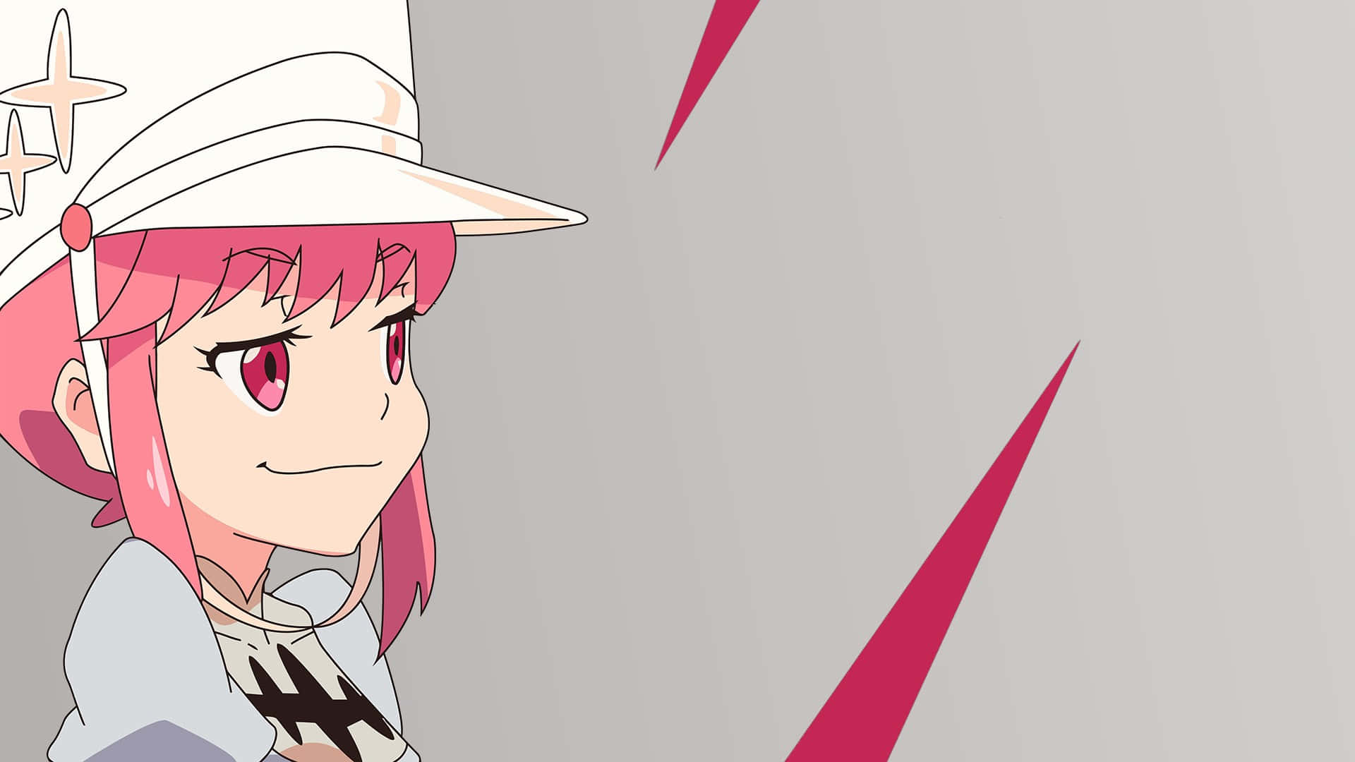 Nonon Jakuzure 桌布 壁紙 — 一位粉紅色頭髮的動漫女孩戴著白色帽子，在灰色背景上帶有粉紅色速度線，紅眼睛冷笑。