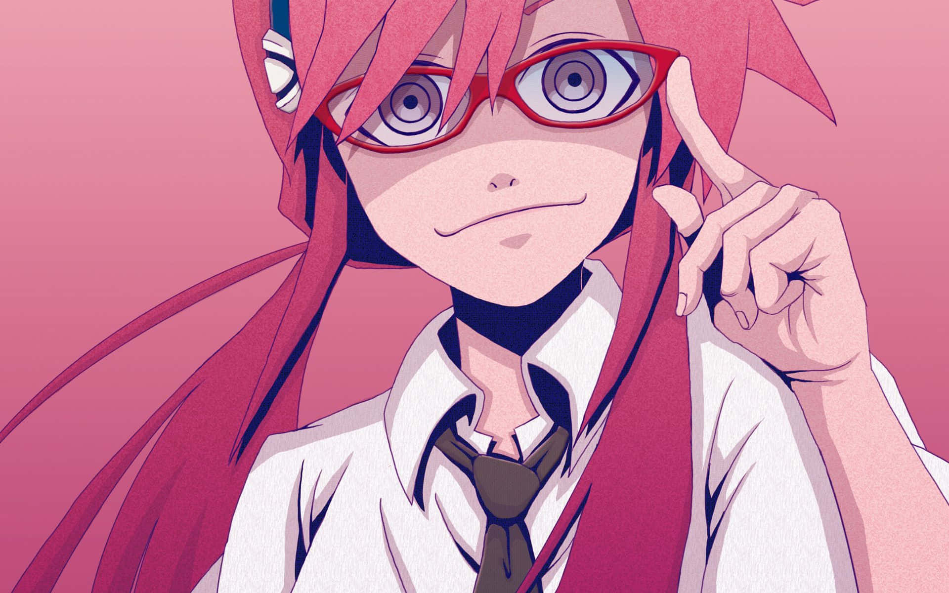 Mari Illustrious Makinami 桌布 壁紙 — 一位粉紅色頭髮的動漫女孩戴著紅色眼鏡和白色襯衫，在柔和的粉紅色背景前微笑著調整眼鏡。