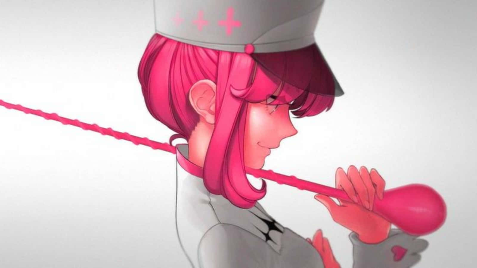 Nonon Jakuzure 桌布 壁紙 — 一位粉紅色頭髮的動漫女孩戴著護士帽，溫柔地微笑著吹出一條長長的粉紅色泡泡糖。