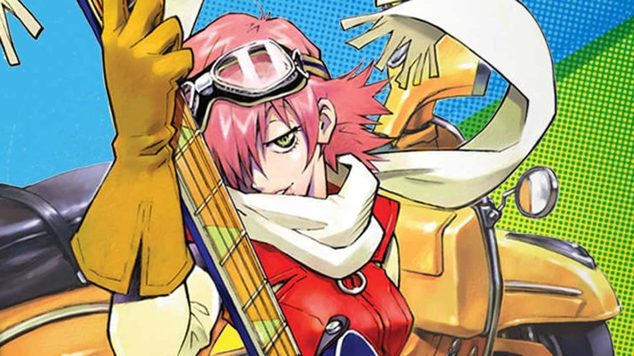Flcl 桌布 壁紙 — 一位粉紅色頭髮的動漫女孩戴著護目鏡和圍巾，在充滿活力的藍色和綠色半色調背景前騎著黃色滑板車。