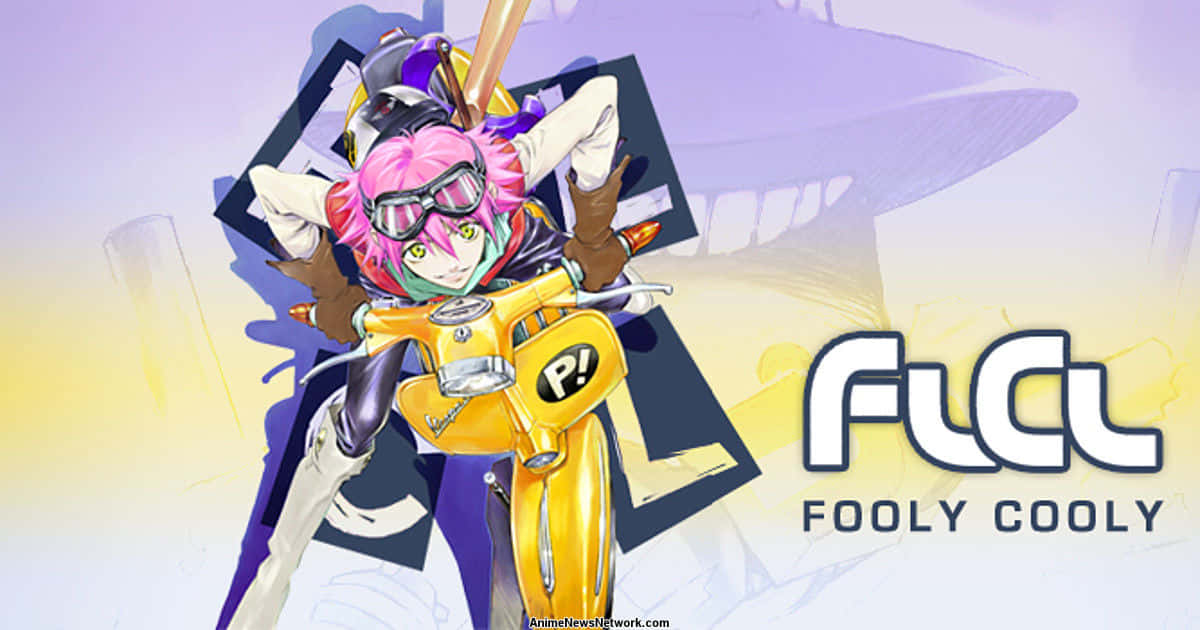 Flcl 桌布 壁紙 — 一位粉紅色頭髮的動漫女孩戴著護目鏡，騎著一輛帶有 'P!' 標誌的黃色滑板車，背景是風格化的紫色和黃色。