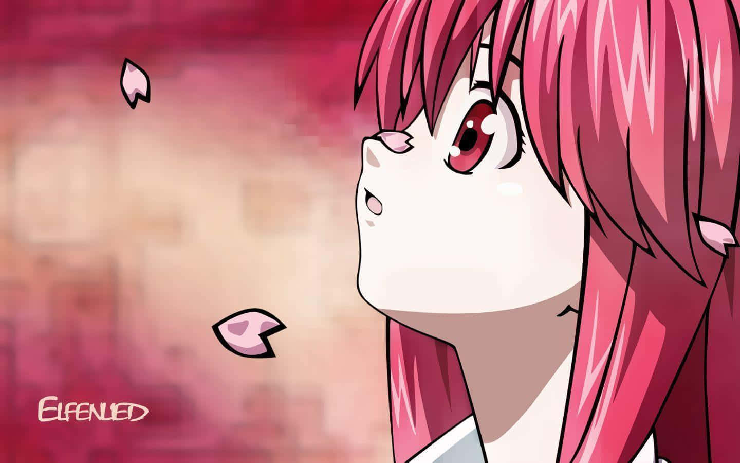 Elfen Lied 桌布 壁紙 — 一位粉紅色頭髮的動漫女孩抬頭仰望，櫻花花瓣飄過她的臉龐，背景是柔和的粉紅色漸層。