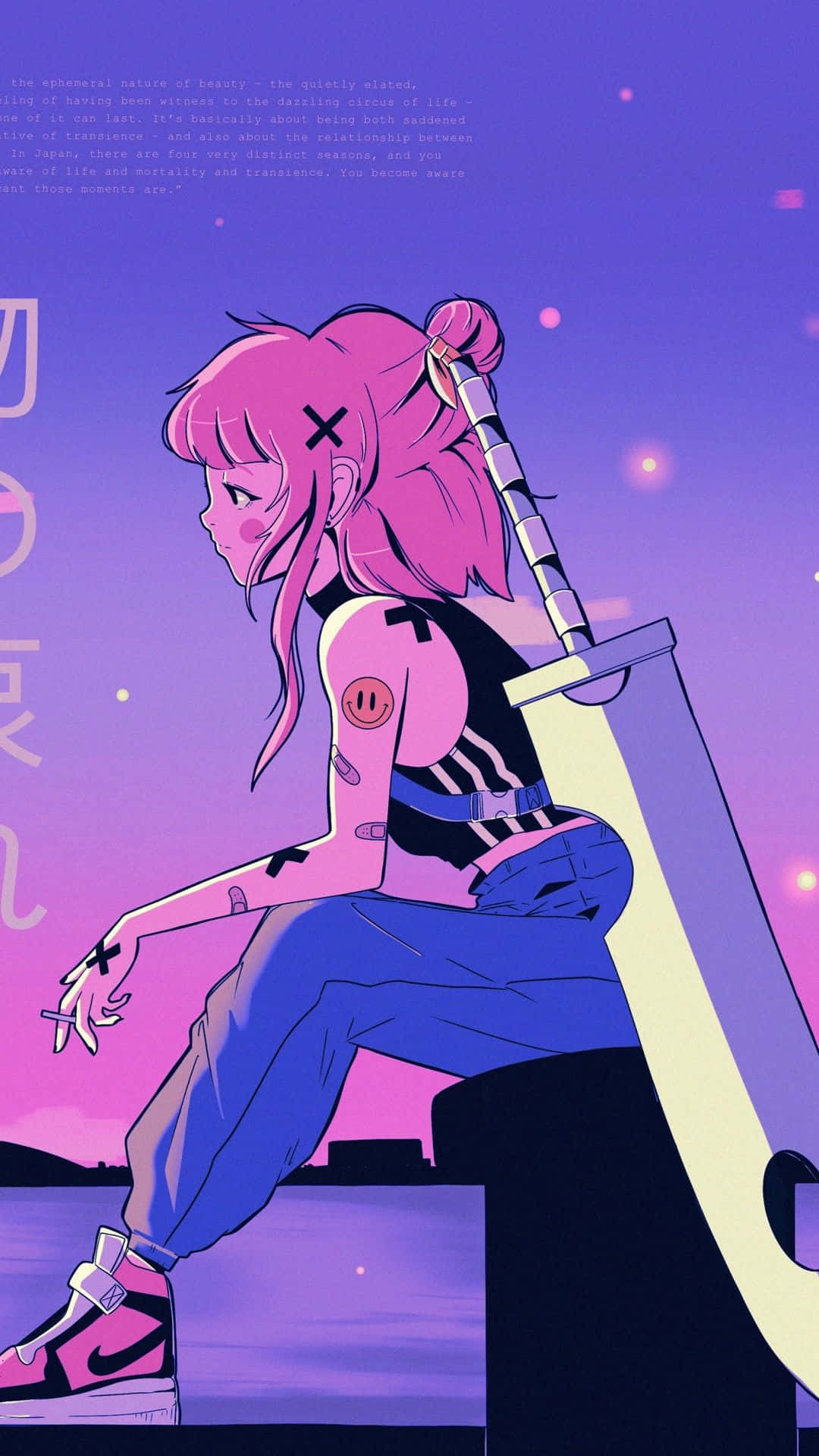 Animated Phone 桌布 壁紙 — 一位粉紅色頭髮的動漫女孩拿著一把大劍，沉思地坐在壁架上，背景是發光的紫色日落天空。