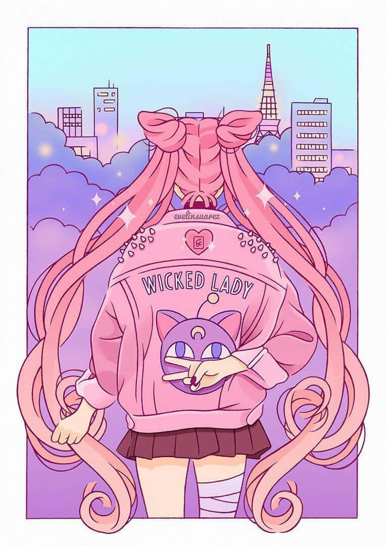 美少女戰士 桌布 壁紙 — 一位粉紅色頭髮的動漫女孩穿著「Wicked Lady」外套，在柔和的城市天際線背景下與貓咪徽章合影。