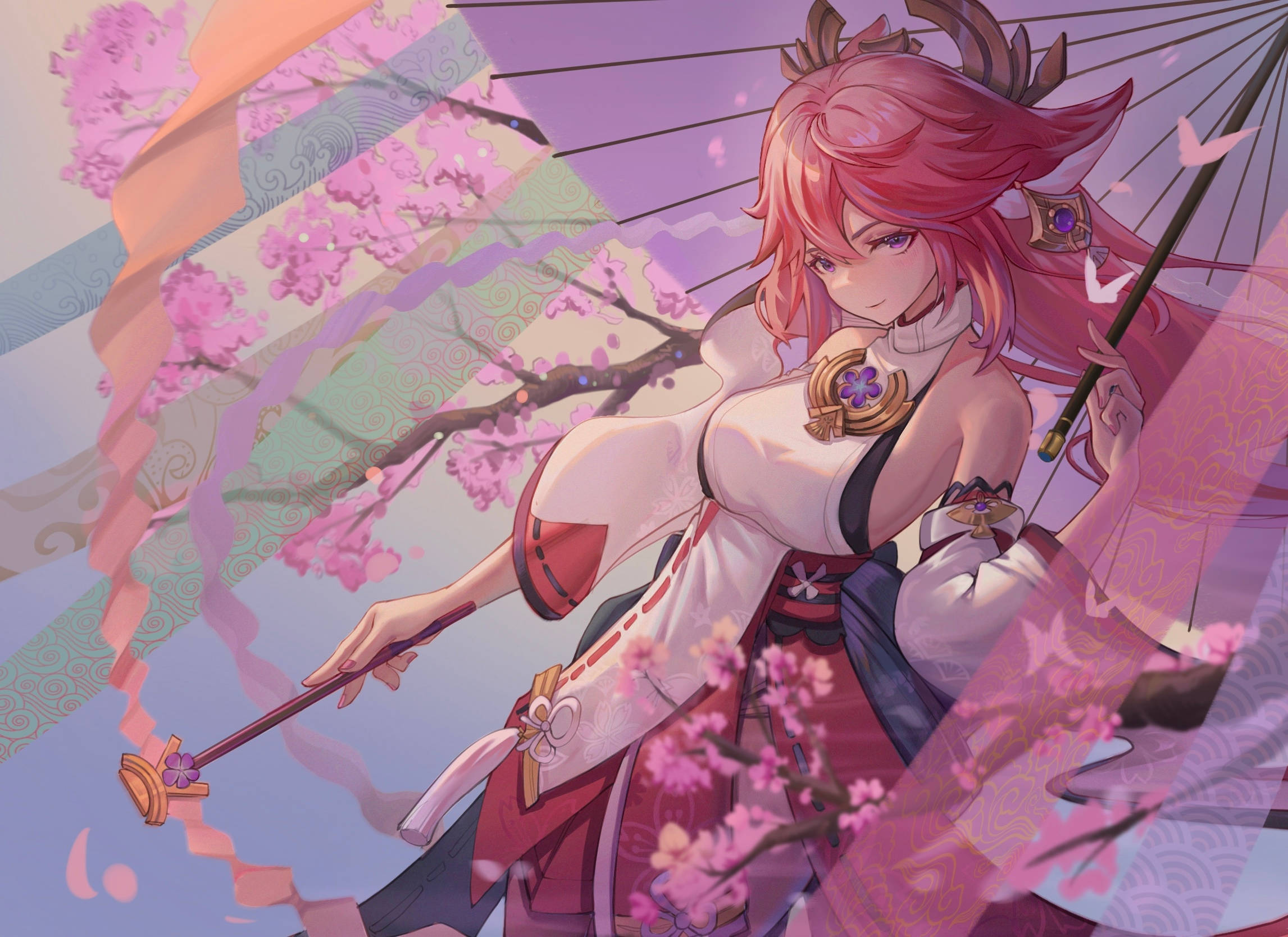 Miko 桌布 壁紙 — 一位粉紅色頭髮的動漫女孩穿著傳統服飾，在柔和的粉彩天空下，於飄落的櫻花中拿著一把裝飾傘。