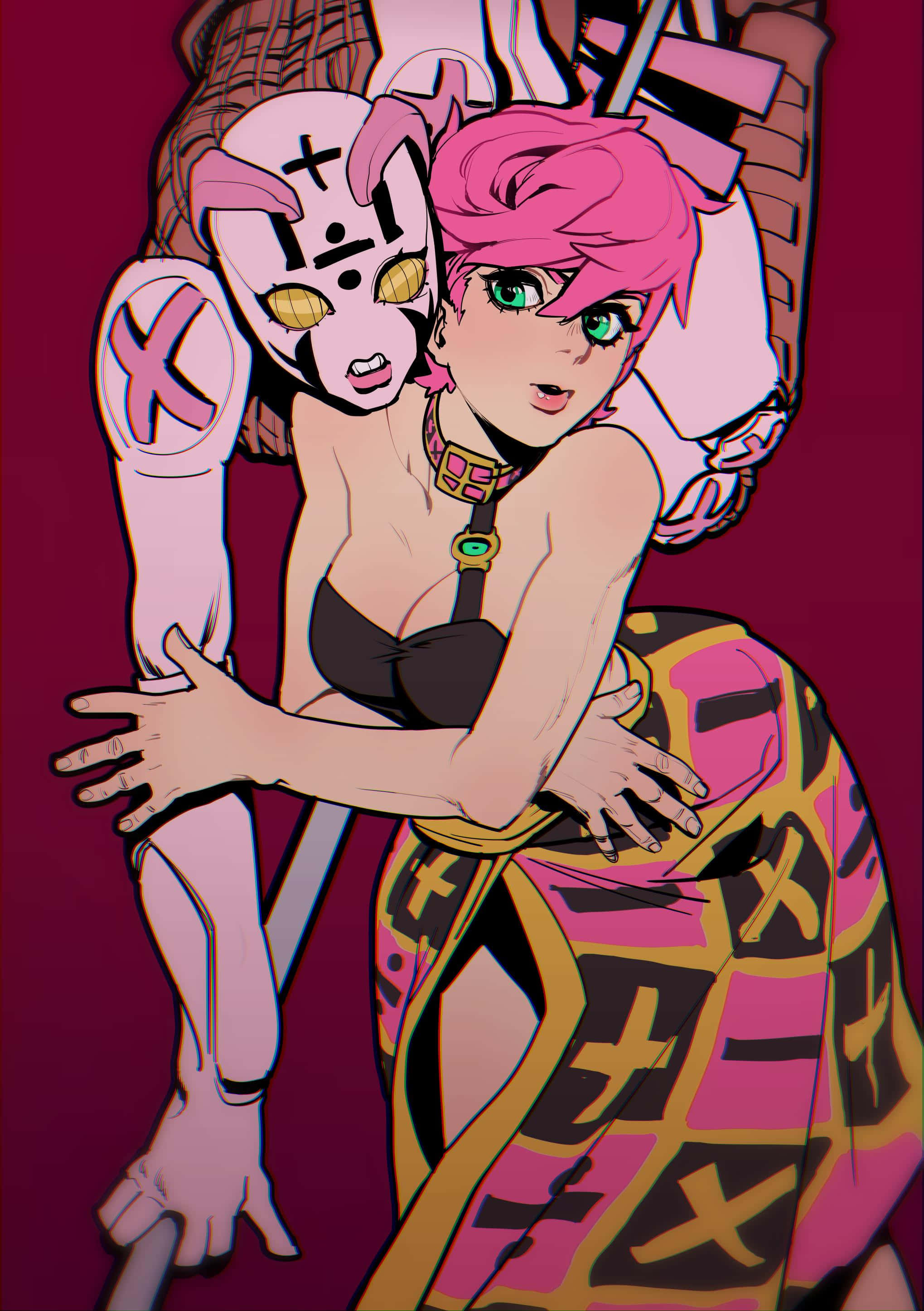 Trish Una 桌布 壁紙 — 一位粉紅色頭髮的動漫女孩穿著圖案服裝，在深洋紅色背景前擁抱一個戴面具的粉紅色皮膚人物。