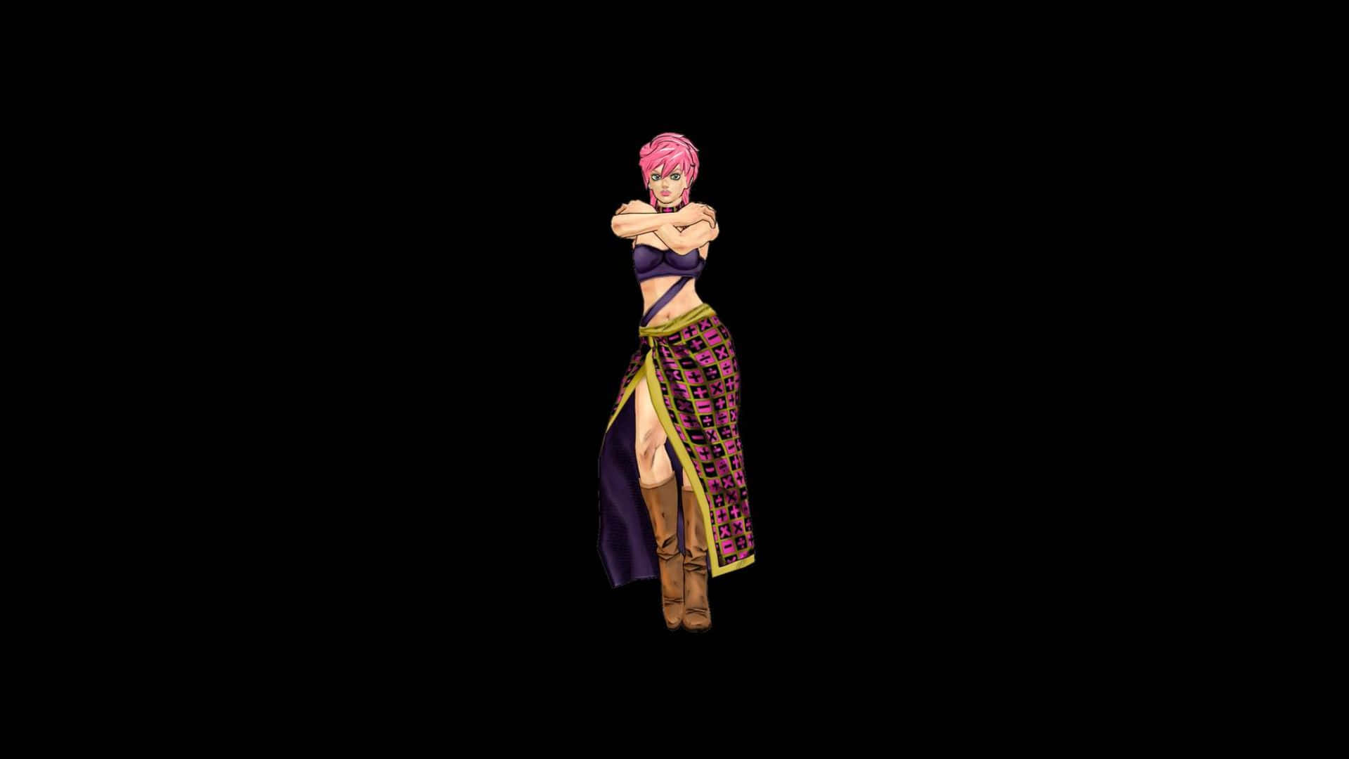 Trish Una 桌布 壁紙 — 一位粉紅色頭髮的動漫女孩穿著圖案裙和靴子，在黑色背景前自信地交叉雙臂站立。