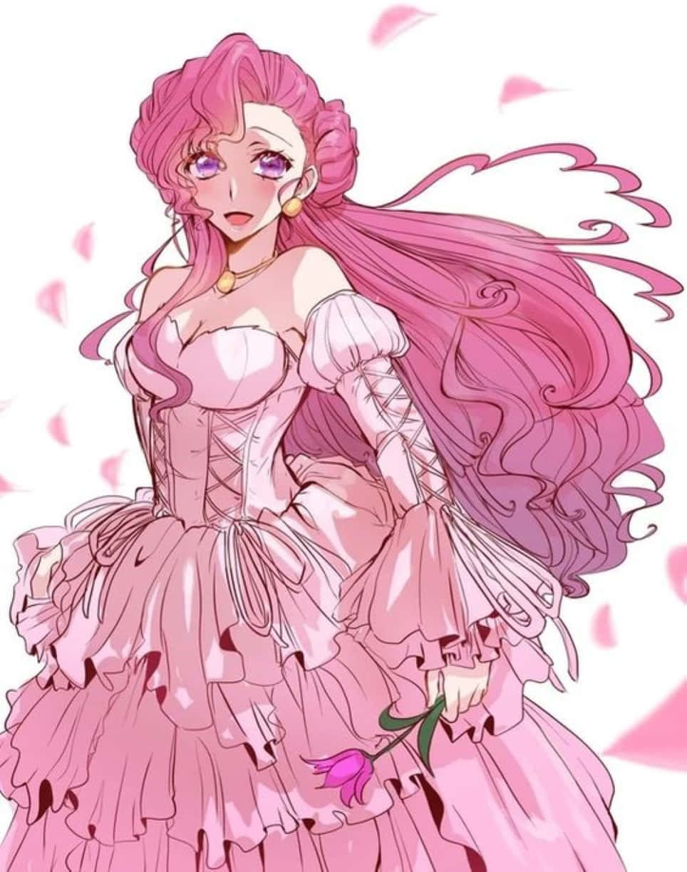 Euphemia Li Britannia 桌布 壁紙 — 一位粉紅色頭髮的動漫女孩穿著寬大的粉紅色禮服，手持鬱金香，花瓣在她周圍飄落。