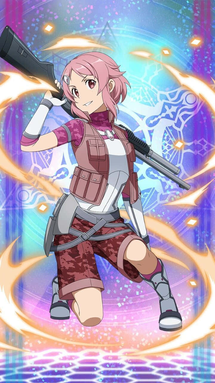 Sword Art Online Lisbeth 桌布 壁紙 — 一位粉紅色頭髮的動漫女孩穿著戰鬥裝備，動態地跪著，在發光的魔法能量背景下揮舞步槍。