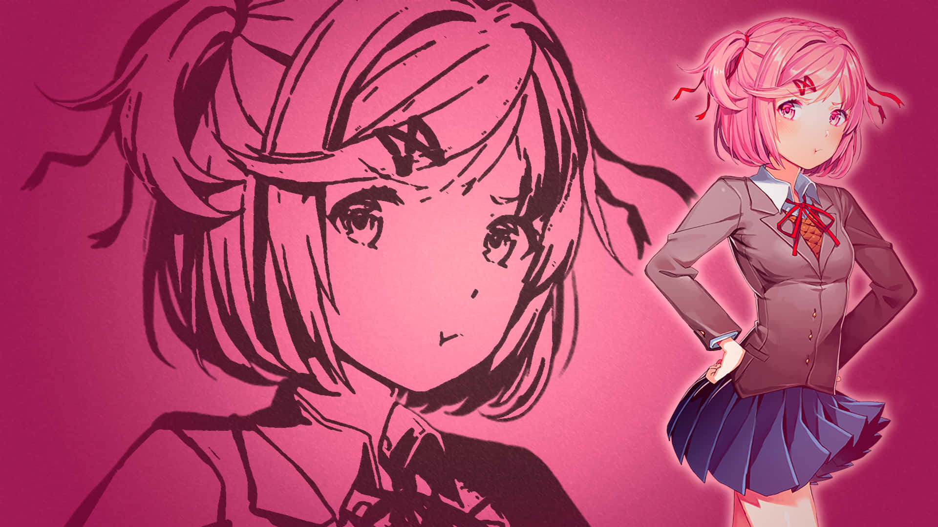 Doki Doki 桌布 壁紙 — 一位粉紅色頭髮的動漫女孩穿著校服，自信地站在一幅素描肖像旁邊，背景是充滿活力的洋紅色。