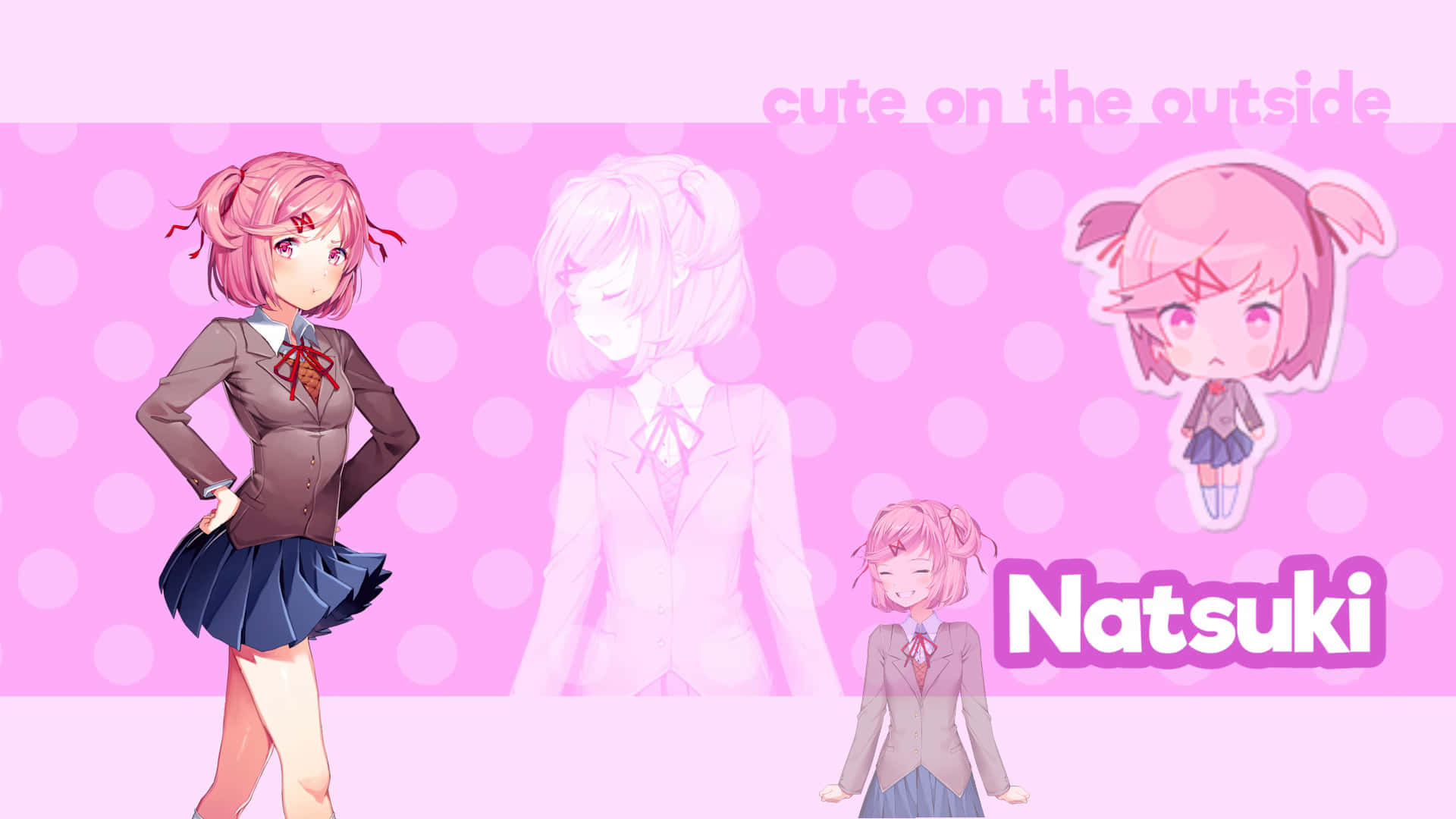 Ddlc 桌布 壁紙 — 一位粉紅色頭髮的動漫女孩穿著校服，在粉紅色圓點背景前自信地擺姿勢，並有多個風格化的自己。
