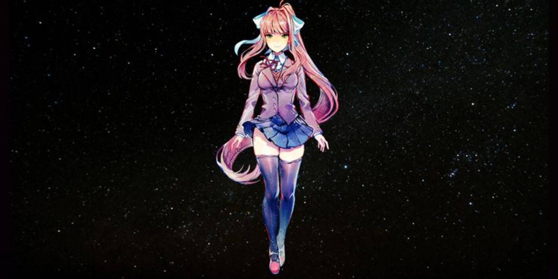 literature 桌布 壁紙 — 一位粉紅色頭髮的動漫女孩穿著校服，在繁星點點的宇宙背景下優雅地漂浮。