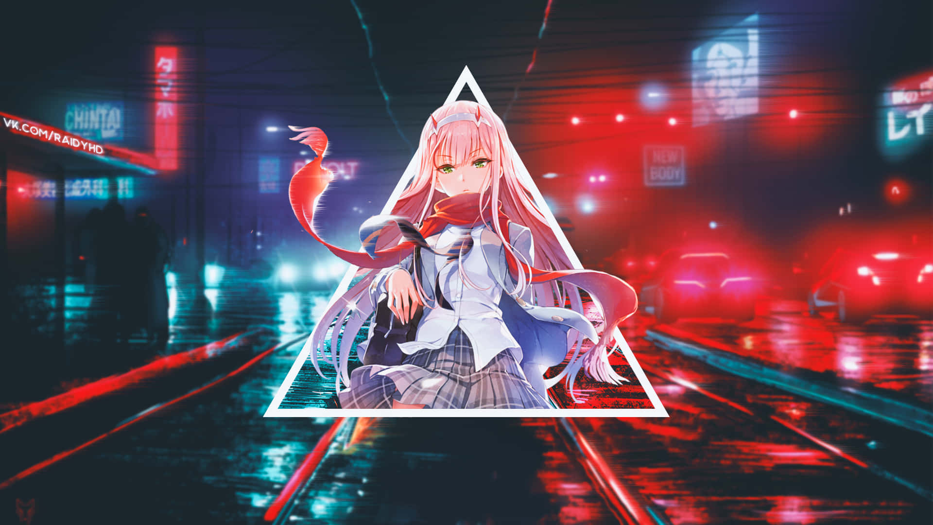 Zero Two Aesthetic 桌布 壁紙 — 一位粉紅色頭髮的動漫女孩穿著校服，站在霓虹燈閃爍的雨夜街道上一個發光的三角形內。