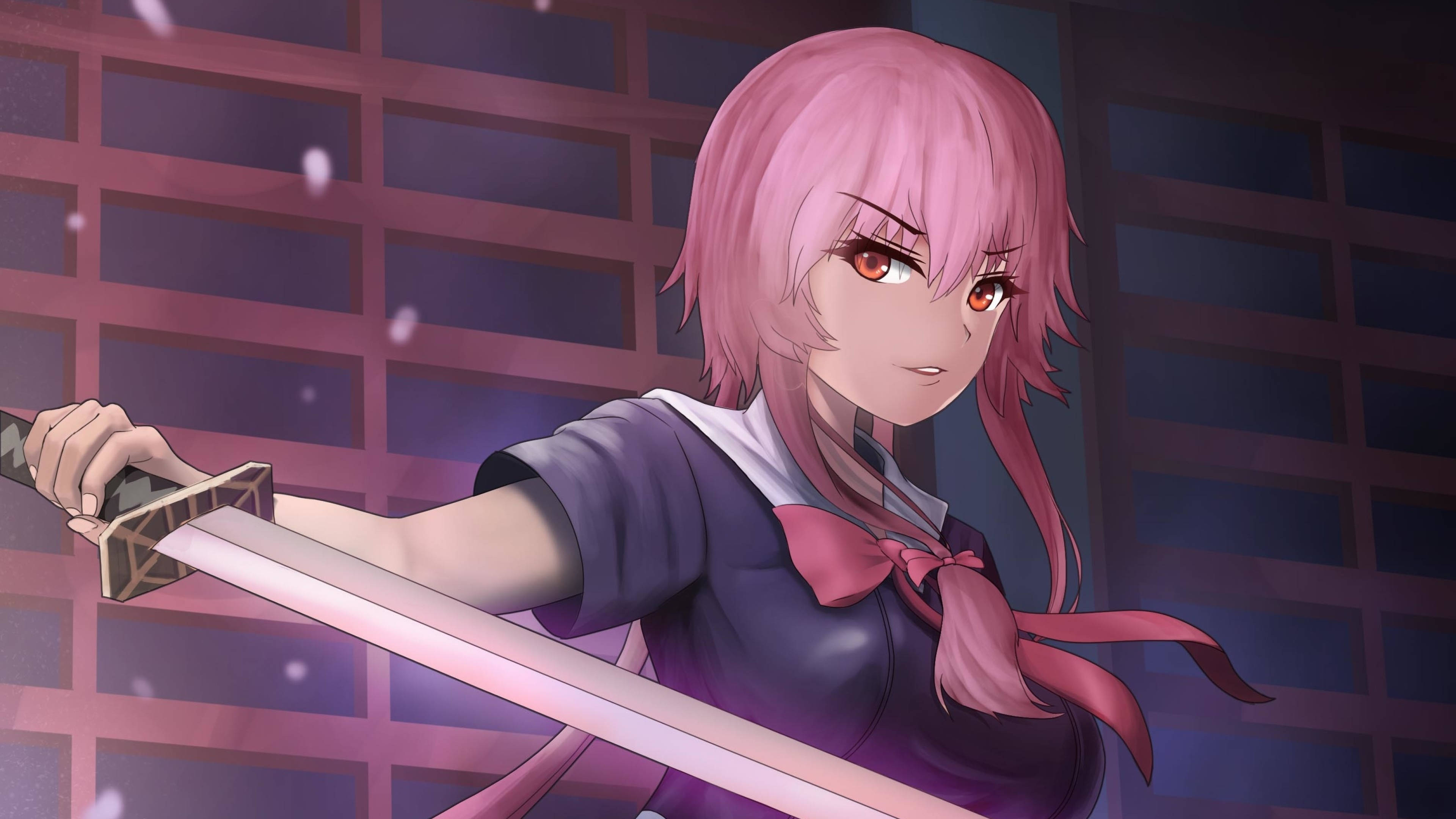 Yuno 桌布 壁紙 — 一位粉紅色頭髮的動漫女孩穿著校服，在紫色格子背景上，眼神堅定地揮舞著武士刀。