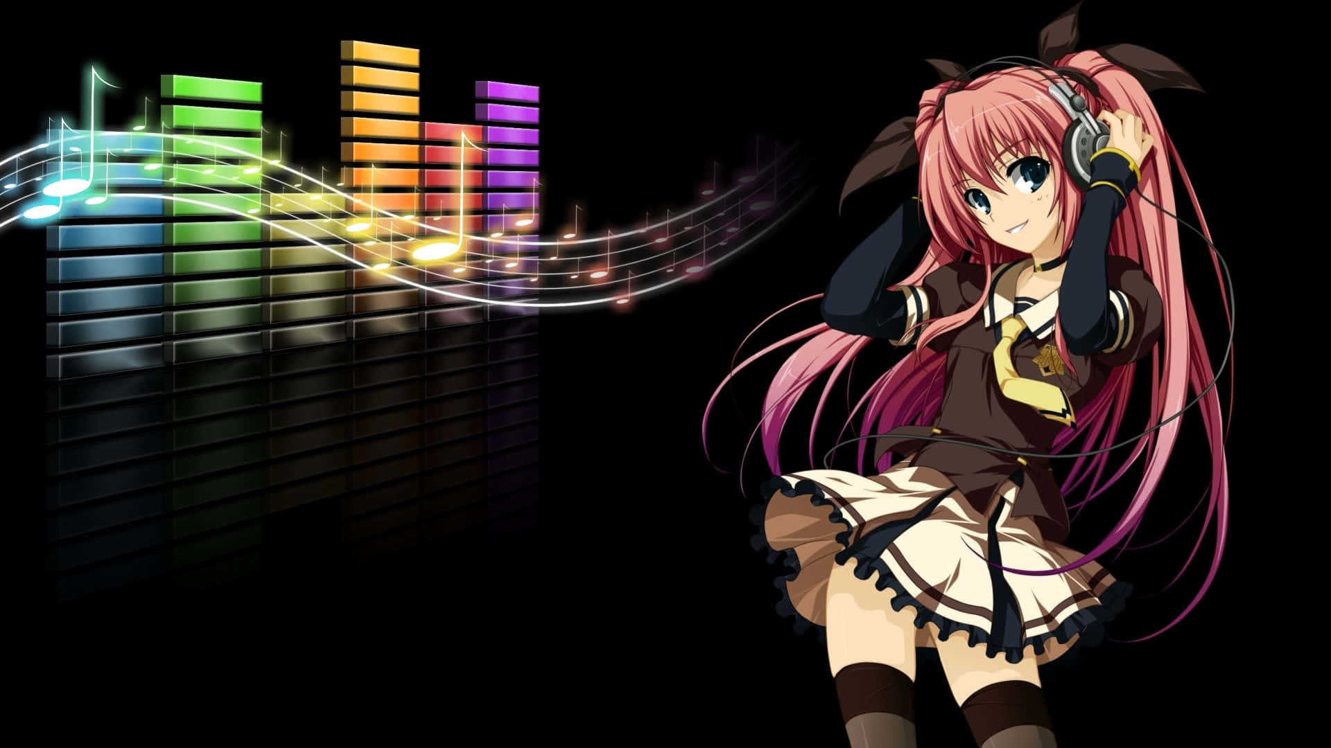 Anime Pc 桌布 壁紙 — 一位粉紅色頭髮的動漫女孩穿著校服，聽著音樂，周圍有發光的彩色均衡器條和音符環繞。