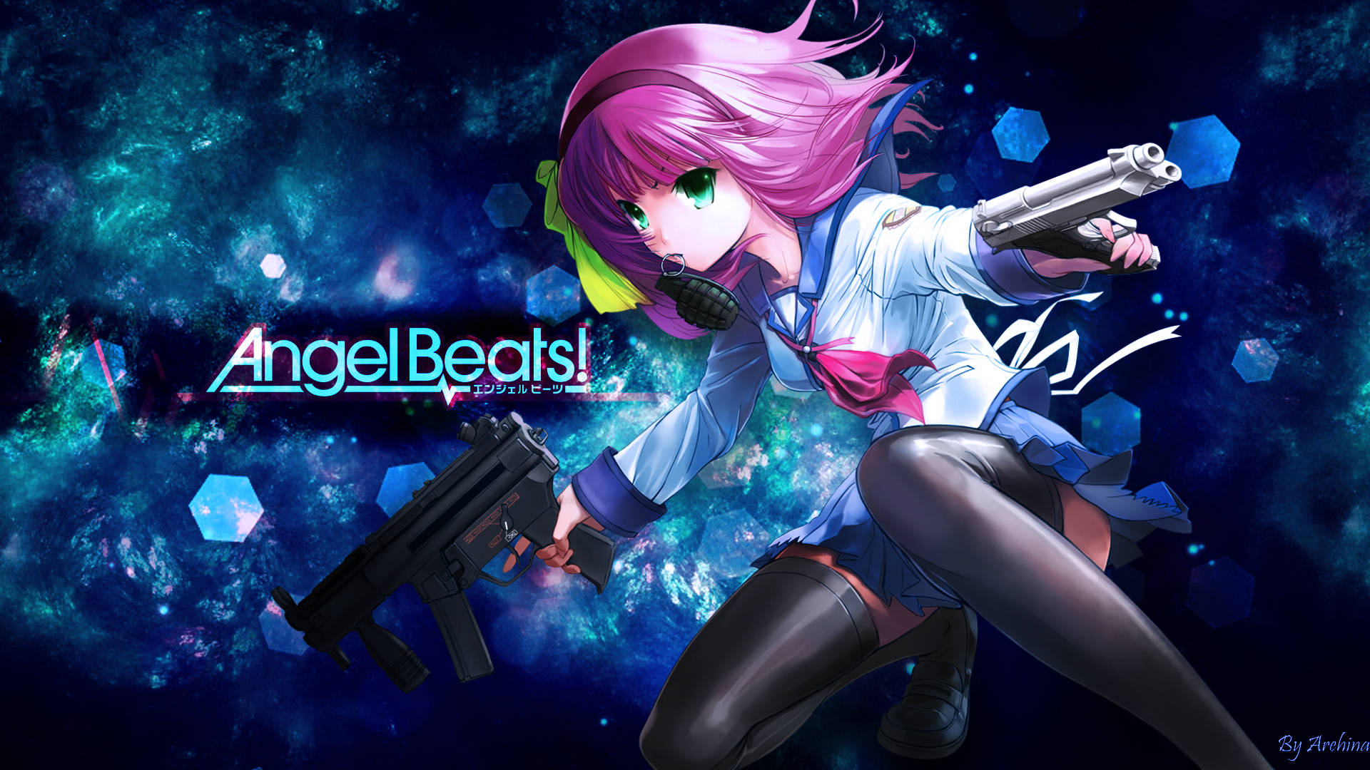 Beats 桌布 壁紙 — 一位粉紅色頭髮的動漫女孩穿著校服，在帶有發光六邊形的宇宙藍色星雲背景下瞄準兩把槍。