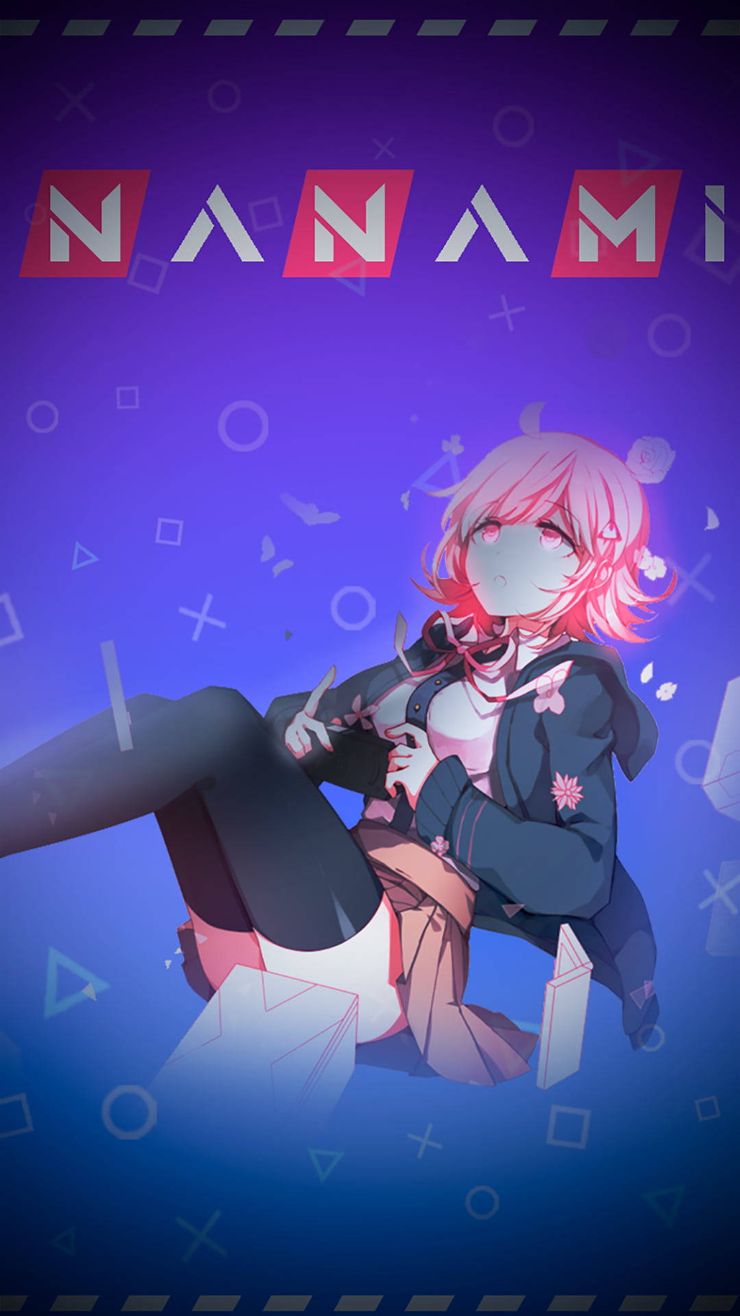 Chiaki 桌布 壁紙 — 一位粉紅色頭髮的動漫女孩穿著校服，盤腿坐在漸層紫藍色背景前，背景有漂浮的幾何形狀和單詞NANAMI。
