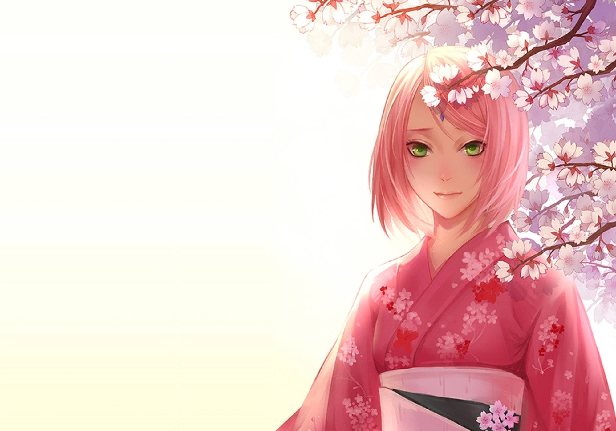 火影忍者 桌布 壁紙 — 一位粉紅色頭髮的動漫女孩穿著櫻花和服，站在盛開的櫻花樹下，伴隨著柔和的光芒。