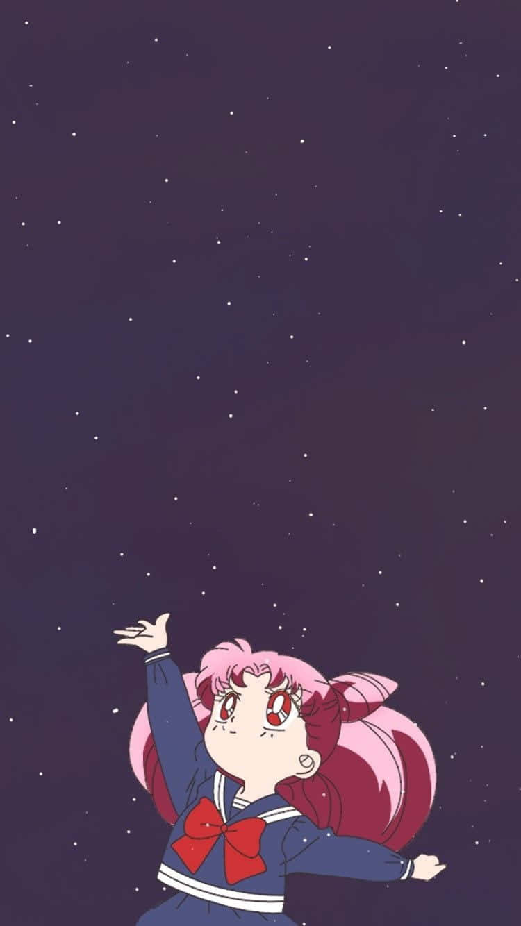 桌布 壁紙 — 一位粉紅色頭髮的動漫女孩穿著水手服，在繁星點點的紫色夜空下伸手向上。