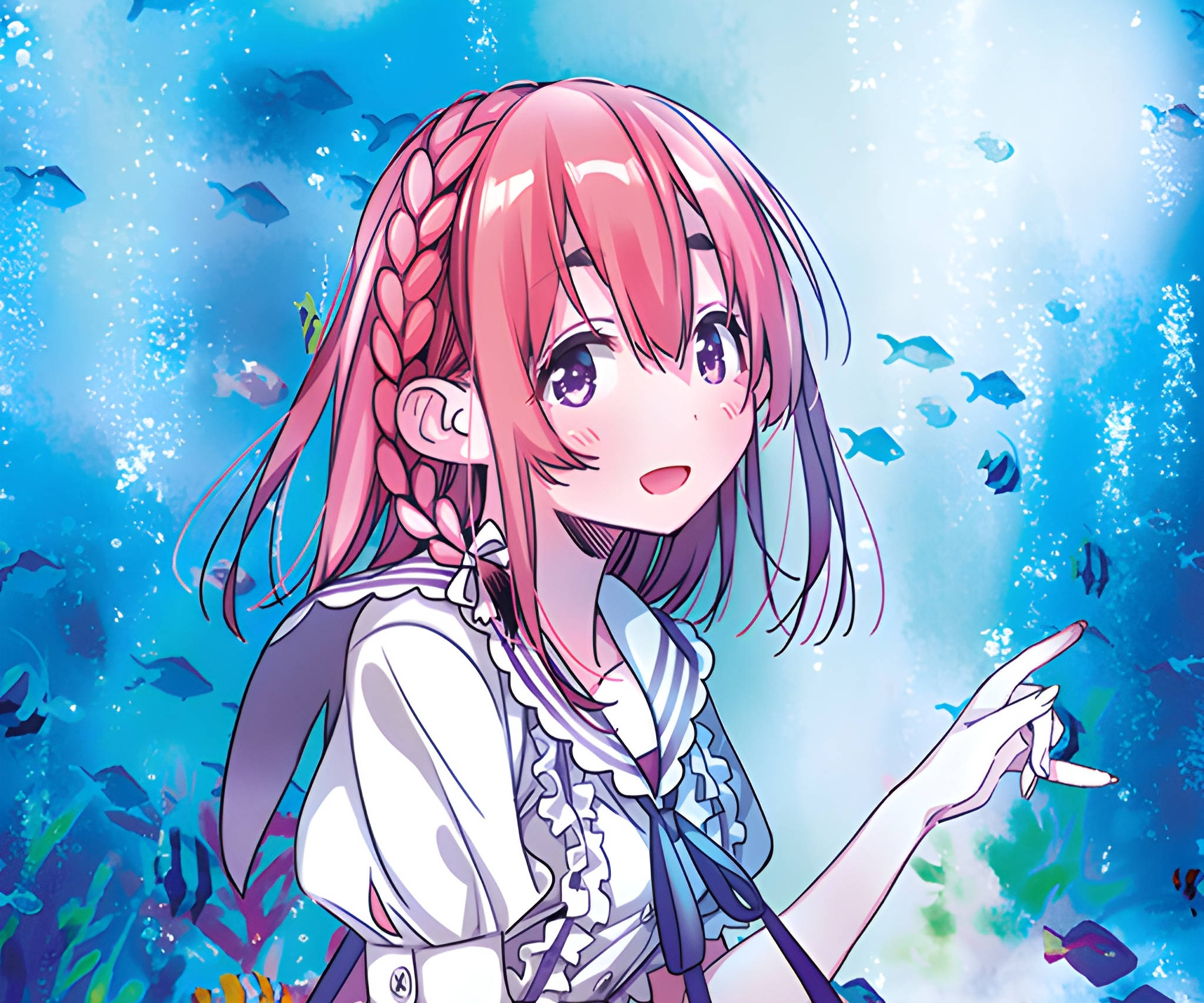 Girlfriend 桌布 壁紙 — 一位粉紅色頭髮的動漫女孩穿著水手服，在魚和珊瑚環繞下在水底微笑。
