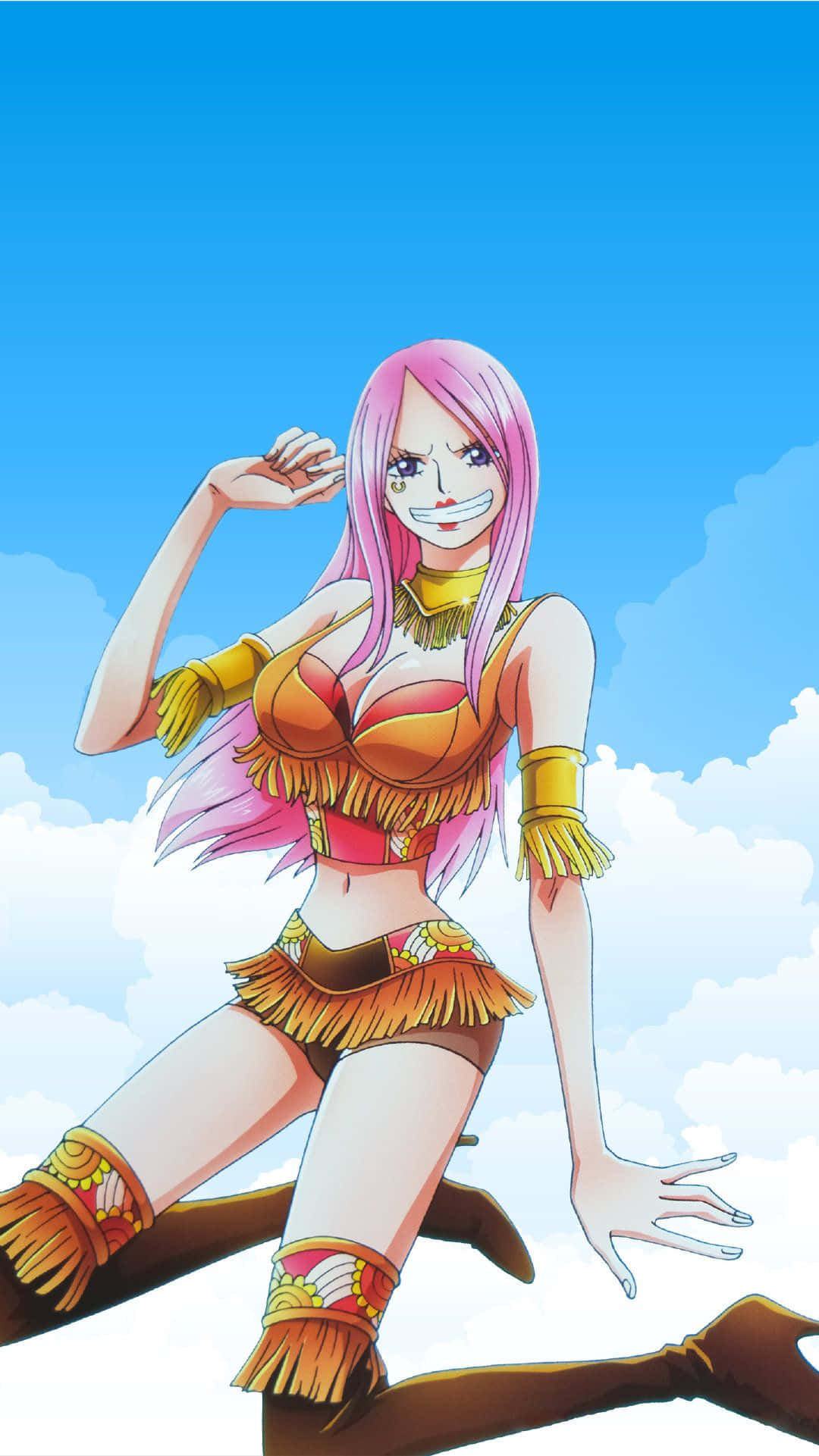 Jewelry Bonney 桌布 壁紙 — 一位粉紅色頭髮的動漫女孩穿著流蘇橙色服裝，在藍天白雲下自信地擺姿勢。