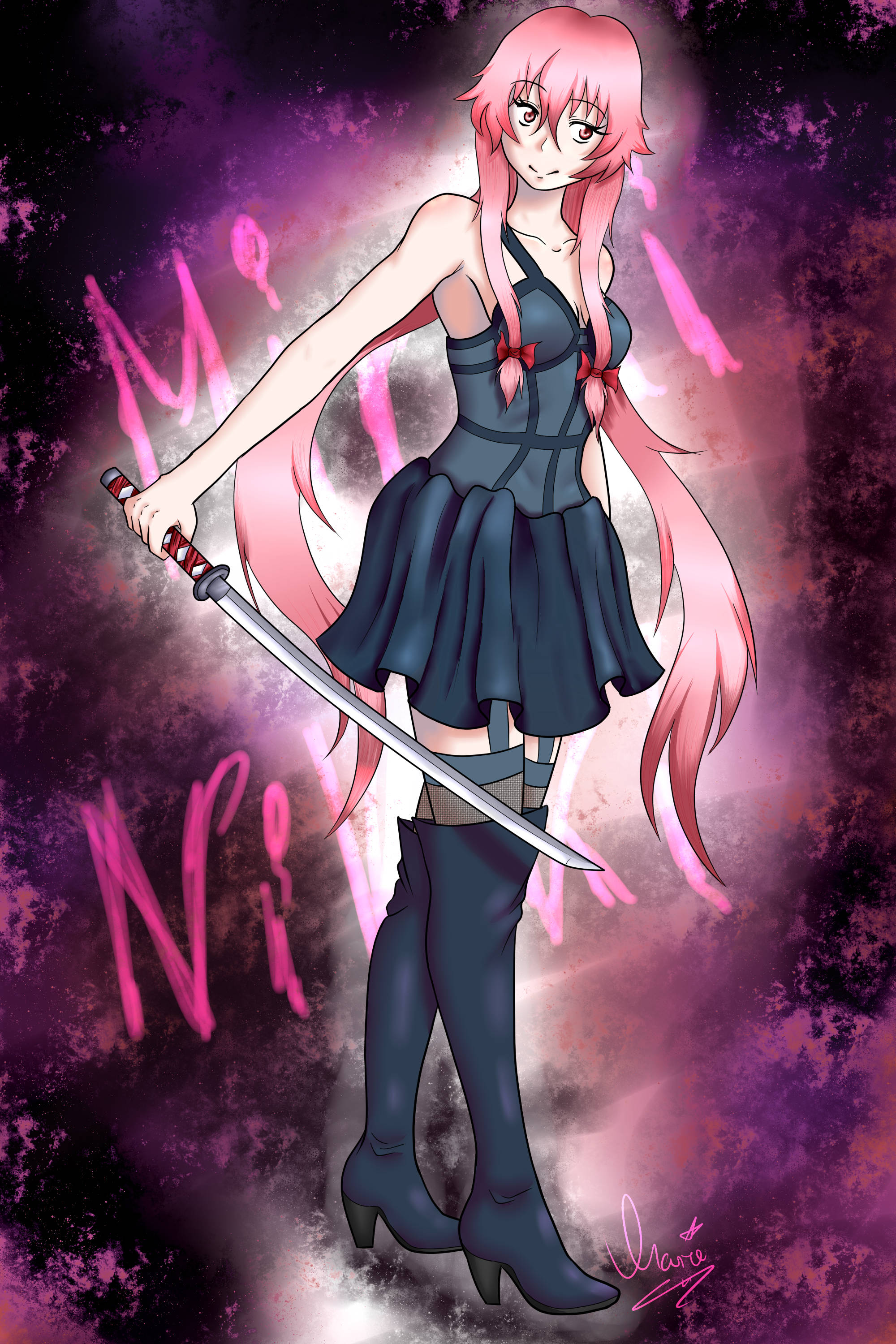 Yuno 桌布 壁紙 — 一位粉紅色頭髮的動漫女孩穿著深色連衣裙，在充滿活力的紫色和粉紅色宇宙背景下揮舞著武士刀。