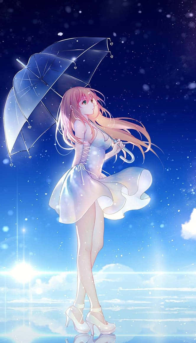 動漫藝術GIF 桌布 壁紙 — 一位粉紅色頭髮的動漫女孩穿著發光的裙子，在佈滿星星、雲朵和光暈的藍色天空下撐著透明雨傘。
