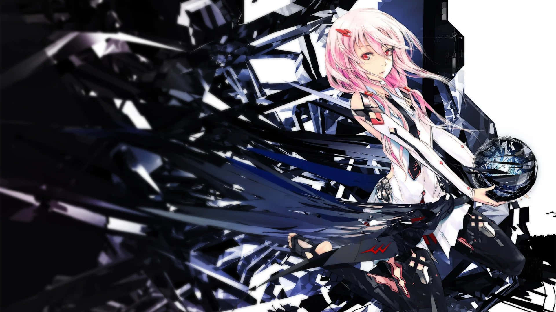 Guilty Crown 桌布 壁紙 — 一位粉紅色頭髮的動漫女孩穿著白色和黑色的服裝，在破碎的玻璃碎片中握著一個發光的球體。