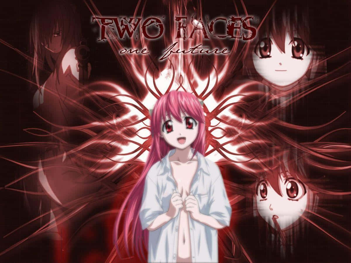 Elfen Lied 桌布 壁紙 — 一位粉紅色頭髮的動漫女孩穿著白色襯衫，站在旋轉的紅色能量前，有幽靈般的面孔和文字 two faces one future。
